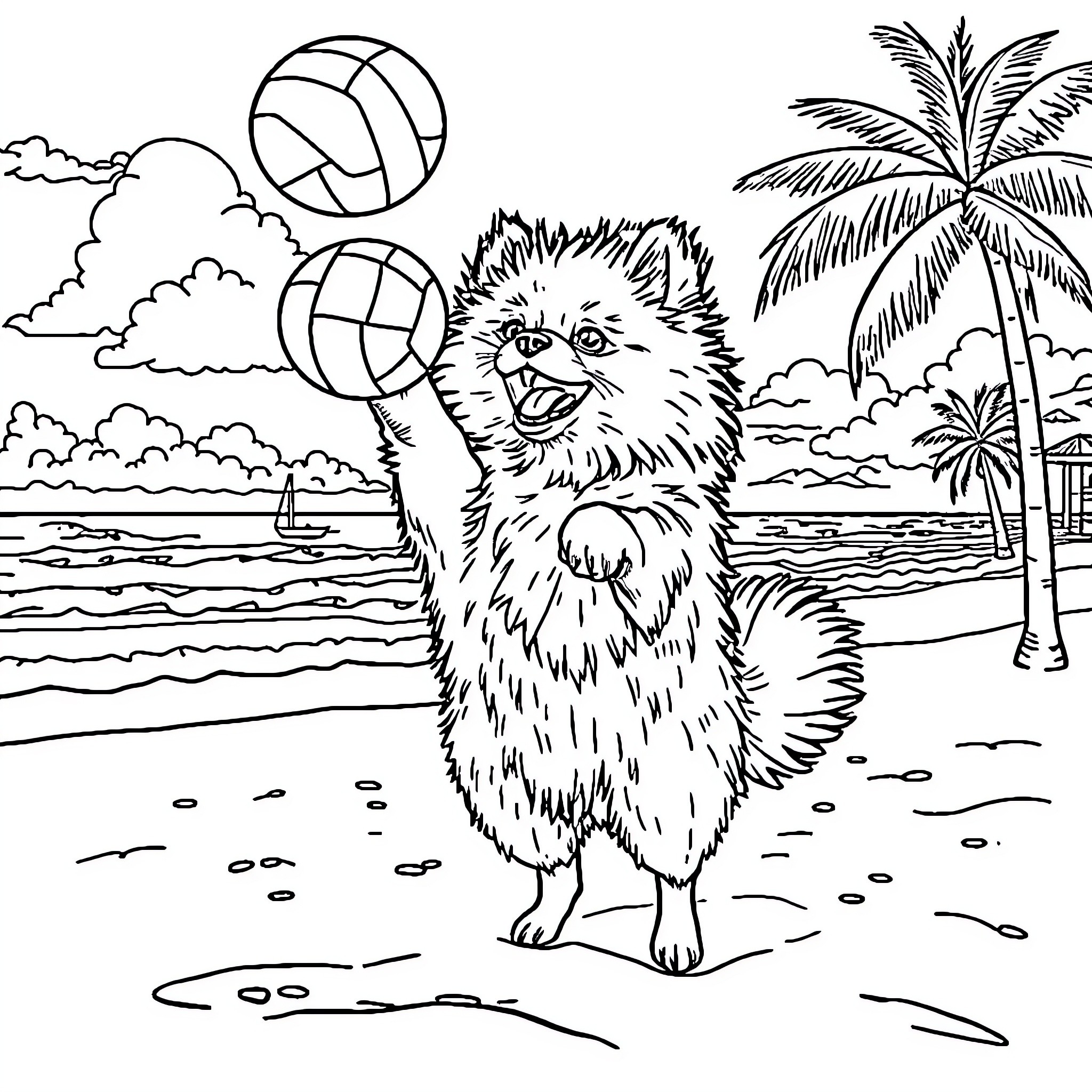 Pomeranian playing with volleyball on the beach Coloring Page (free black-and-white line drawing printable PDF for all, from beginners to advanced learners, including children, teens, adults, and seniors)