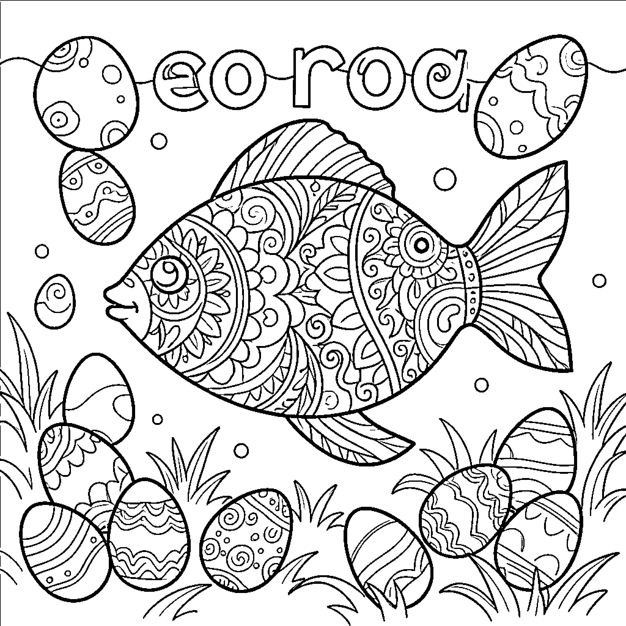 Fish swimming among decorated eggs Coloring Page (free black-and-white line drawing printable PDF for all, from beginners to advanced learners, including children, teens, adults, and seniors)