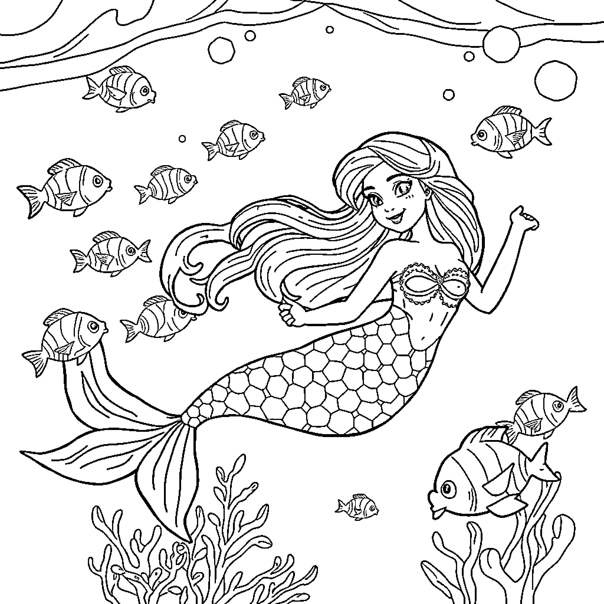 Mermaid swimming among tropical fish Coloring Page (free black-and-white line drawing printable PDF for all, from beginners to advanced learners, including children, teens, adults, and seniors)