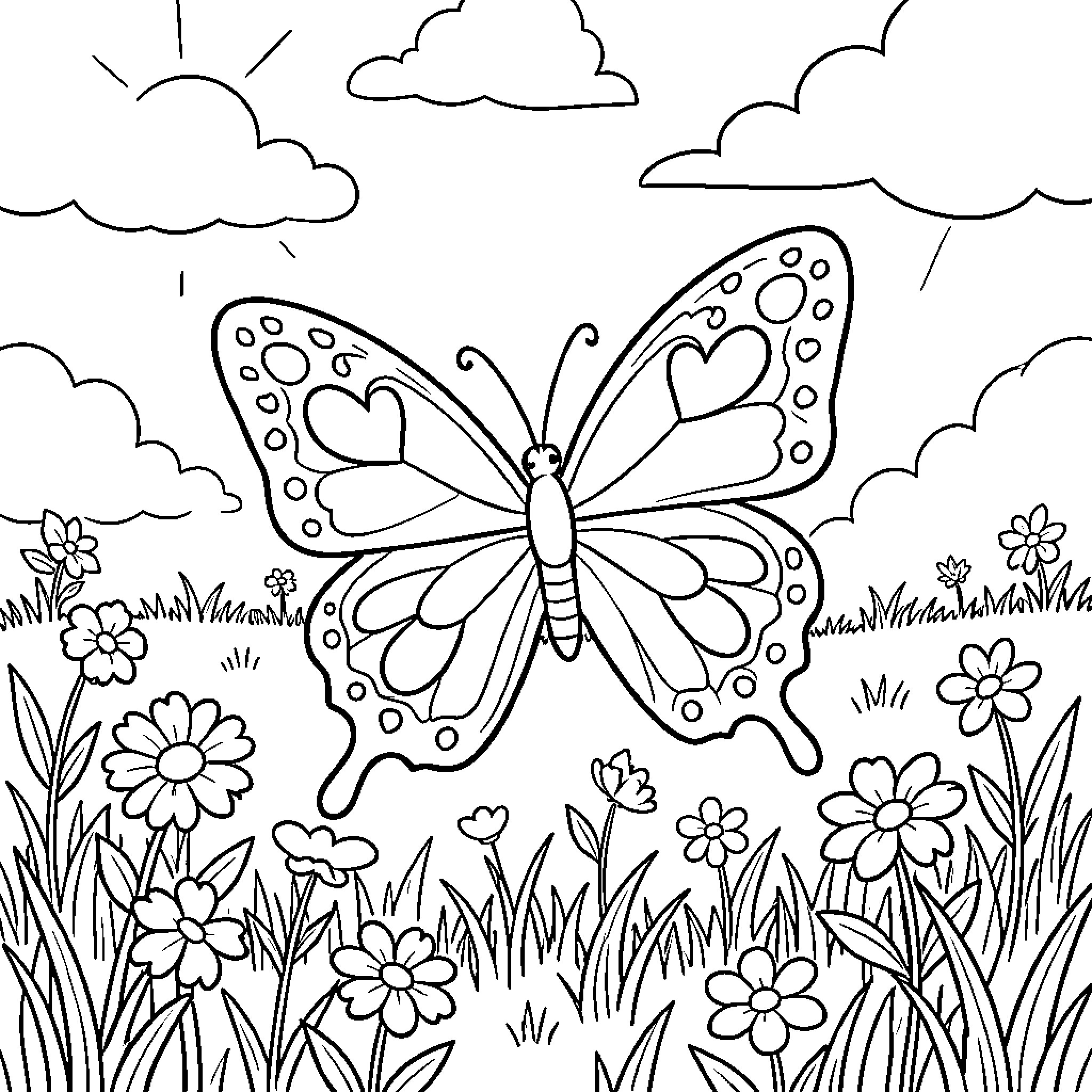 Butterfly resting in the floral meadow Coloring Page (free black-and-white line drawing printable PDF for all, from beginners to advanced learners, including children, teens, adults, and seniors)