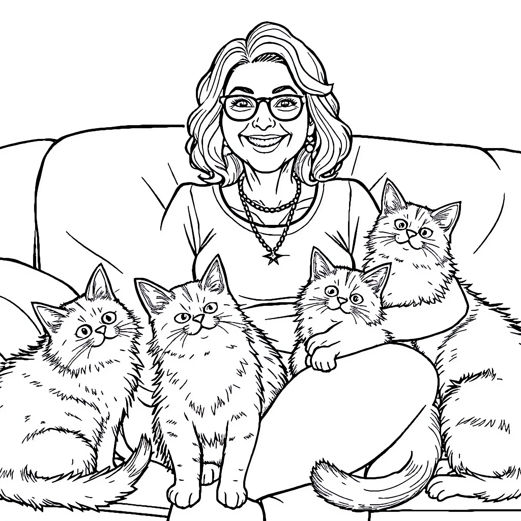 Cat Lady Surrounded by Feline Friends Coloring Page (free black-and-white line drawing printable PDF for all, from beginners to advanced learners, including children, teens, adults, and seniors)