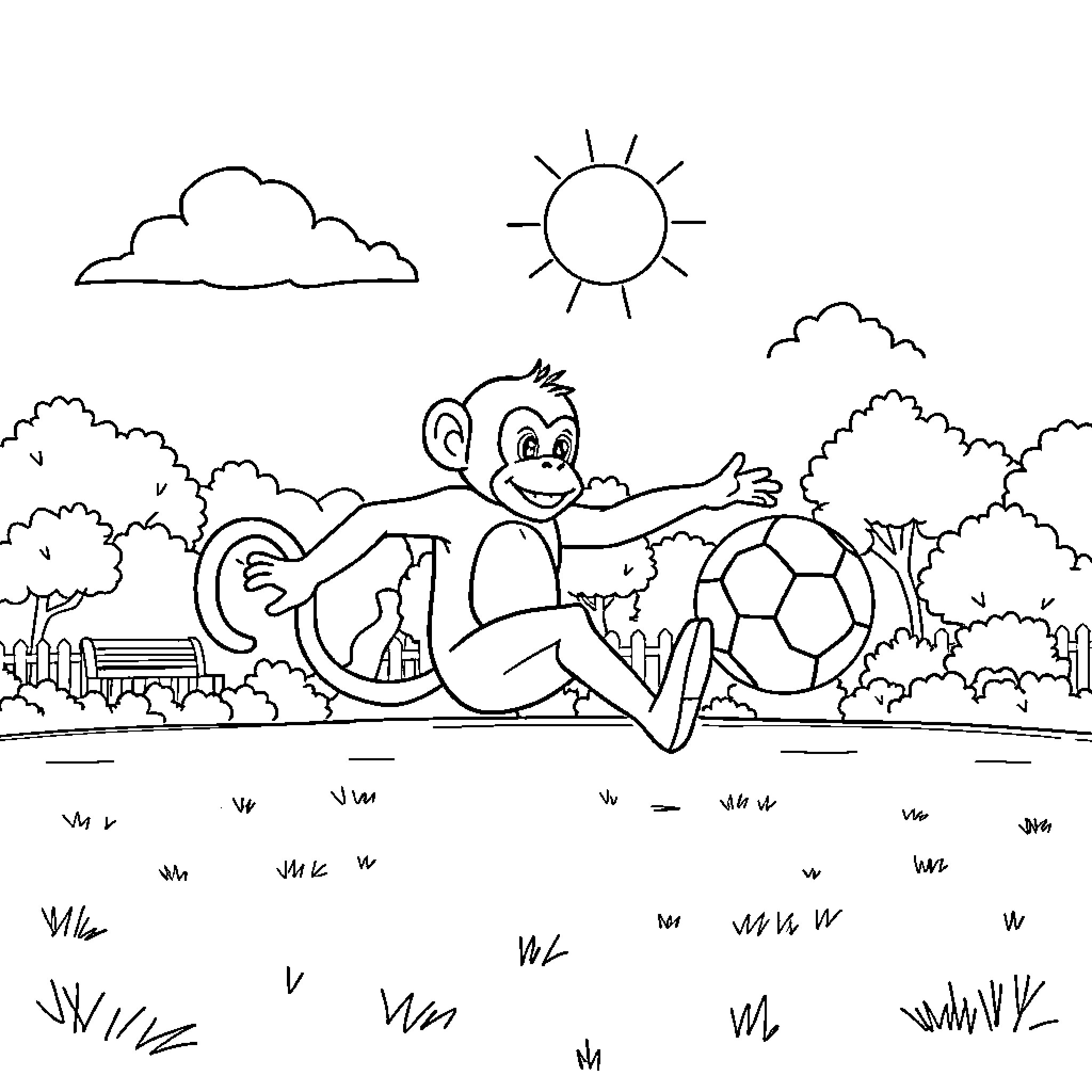 Monkey playing joyfully with soccer ball in park Coloring Page (free black-and-white line drawing printable PDF for all, from beginners to advanced learners, including children, teens, adults, and seniors)