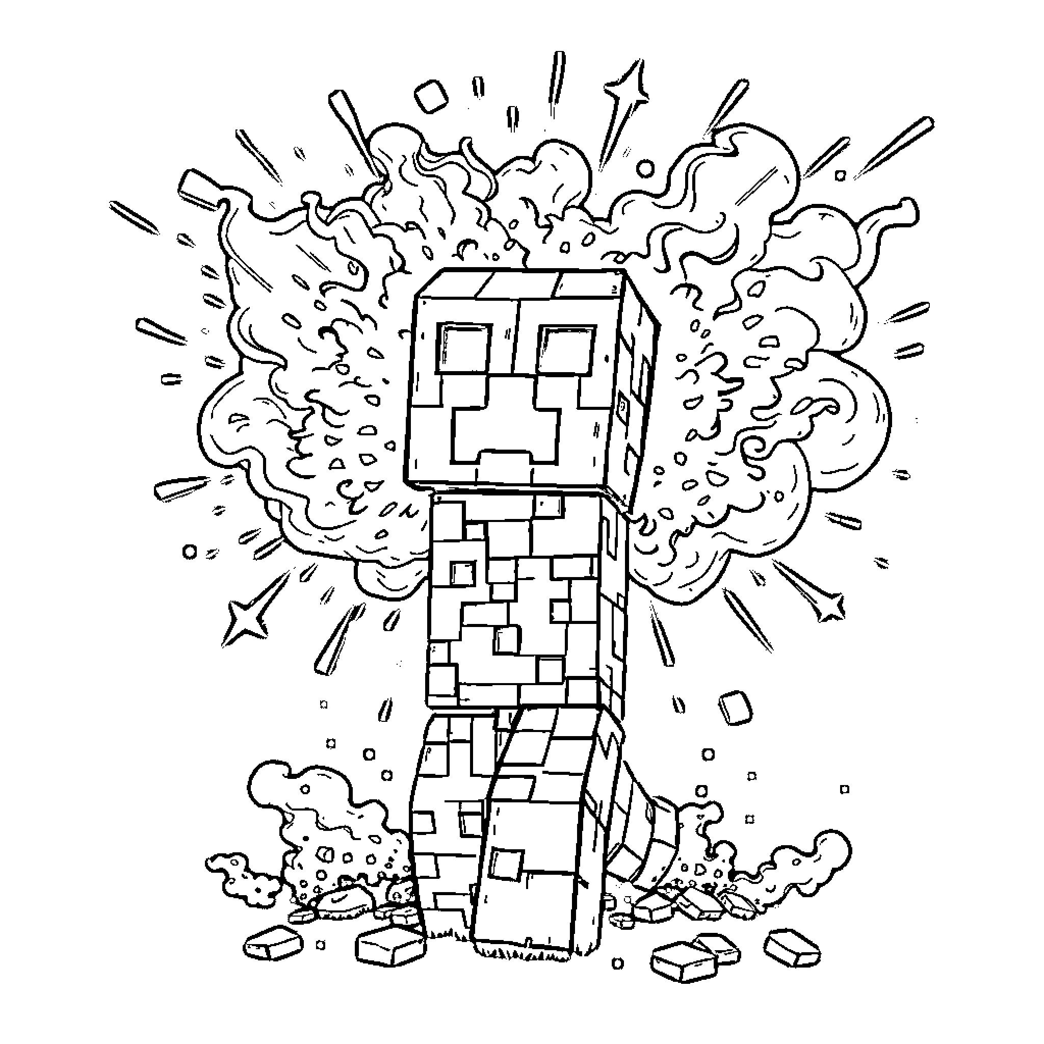 Creeper exploding in a block-based landscape Coloring Page (free black-and-white line drawing printable PDF for all, from beginners to advanced learners, including children, teens, adults, and seniors)