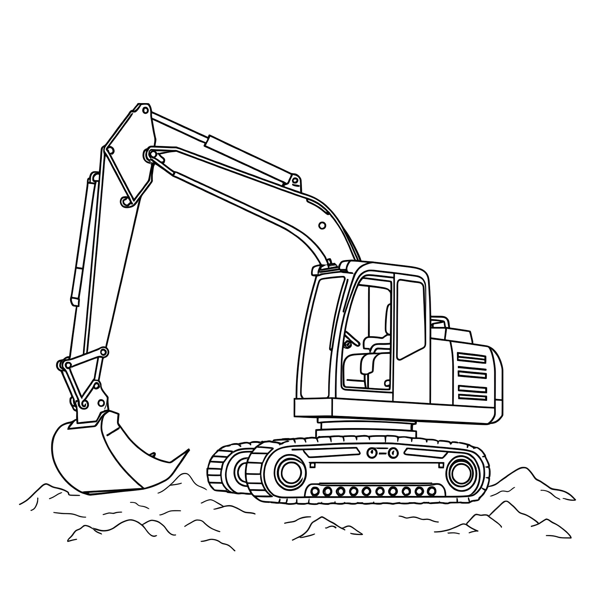 Digger at work on construction site Coloring Page (free black-and-white line drawing printable PDF for all, from beginners to advanced learners, including children, teens, adults, and seniors)