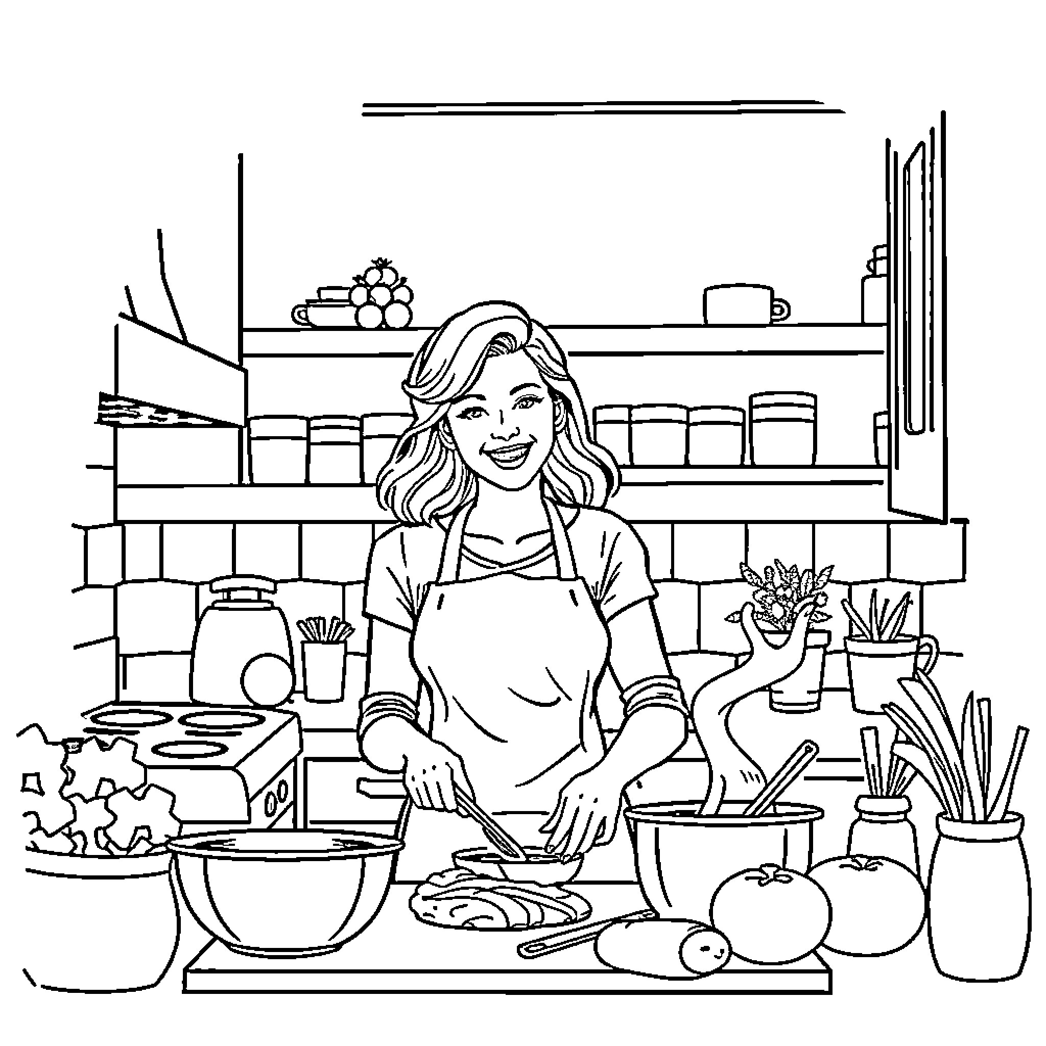 Wife Cooking a Meal in the Kitchen Coloring Page (free black-and-white line drawing printable PDF for all, from beginners to advanced learners, including children, teens, adults, and seniors)