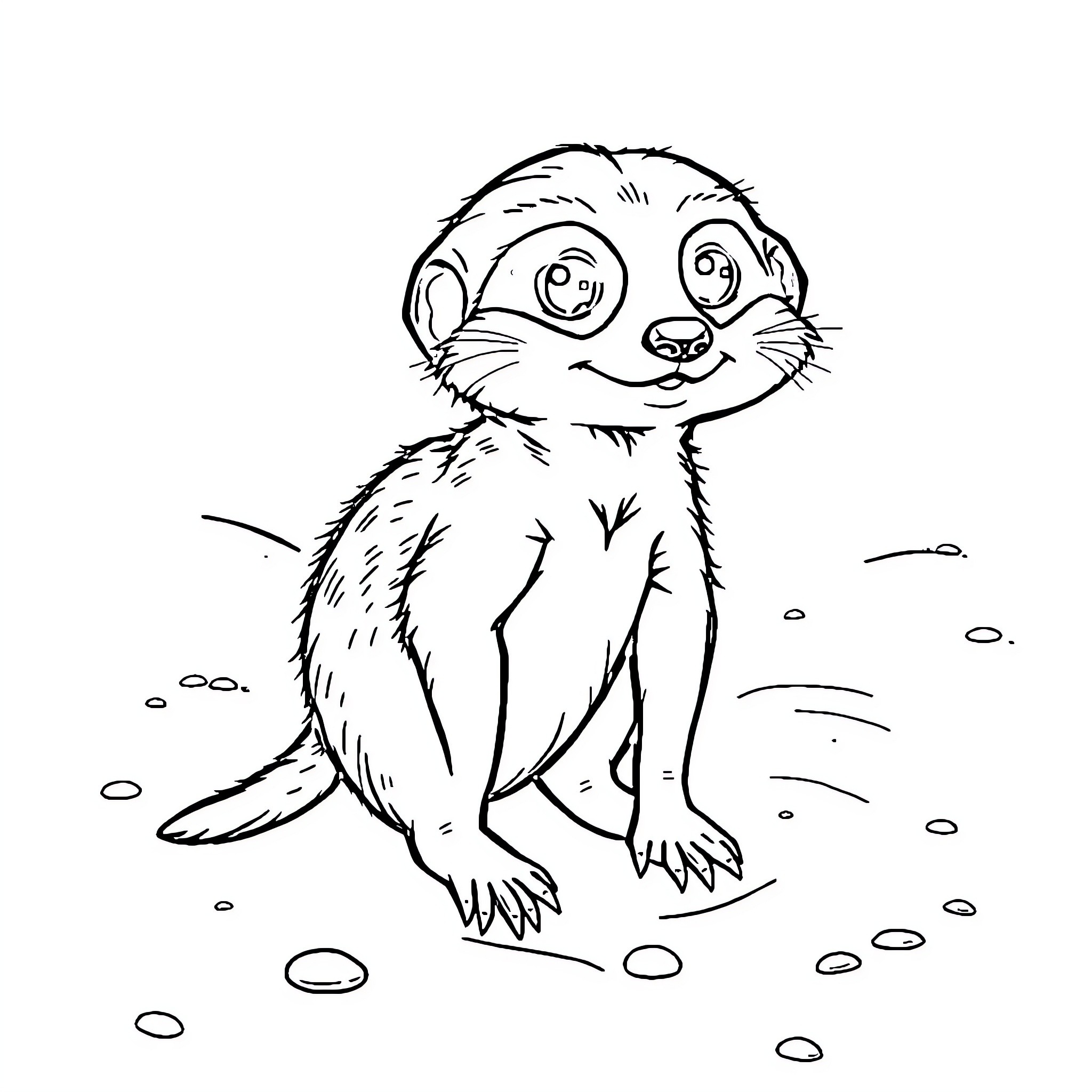 Meerkat sitting happily in the sand Coloring Page (free black-and-white line drawing printable PDF for all, from beginners to advanced learners, including children, teens, adults, and seniors)