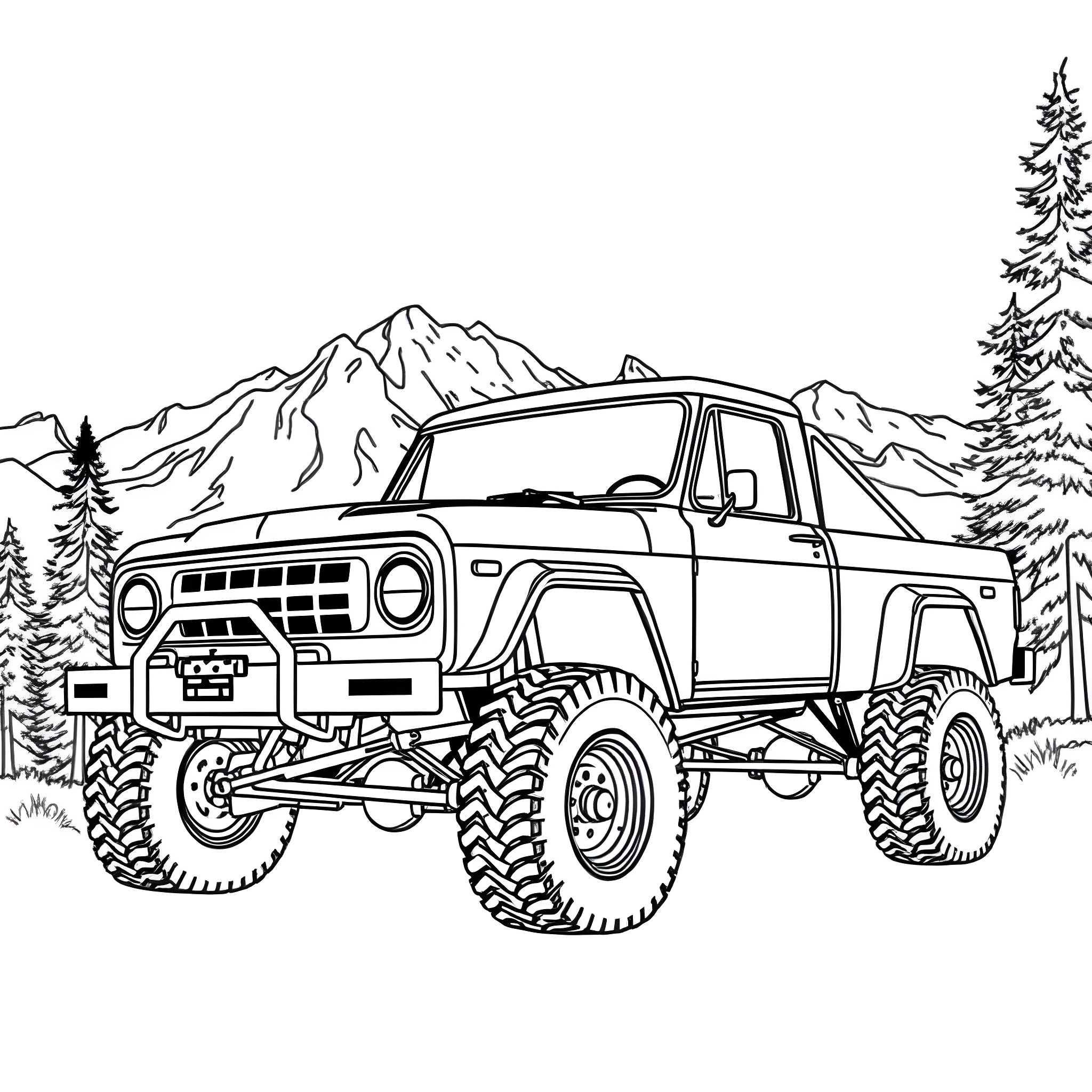 Truck off-roading in the mountains Coloring Page (free black-and-white line drawing printable PDF for all, from beginners to advanced learners, including children, teens, adults, and seniors)
