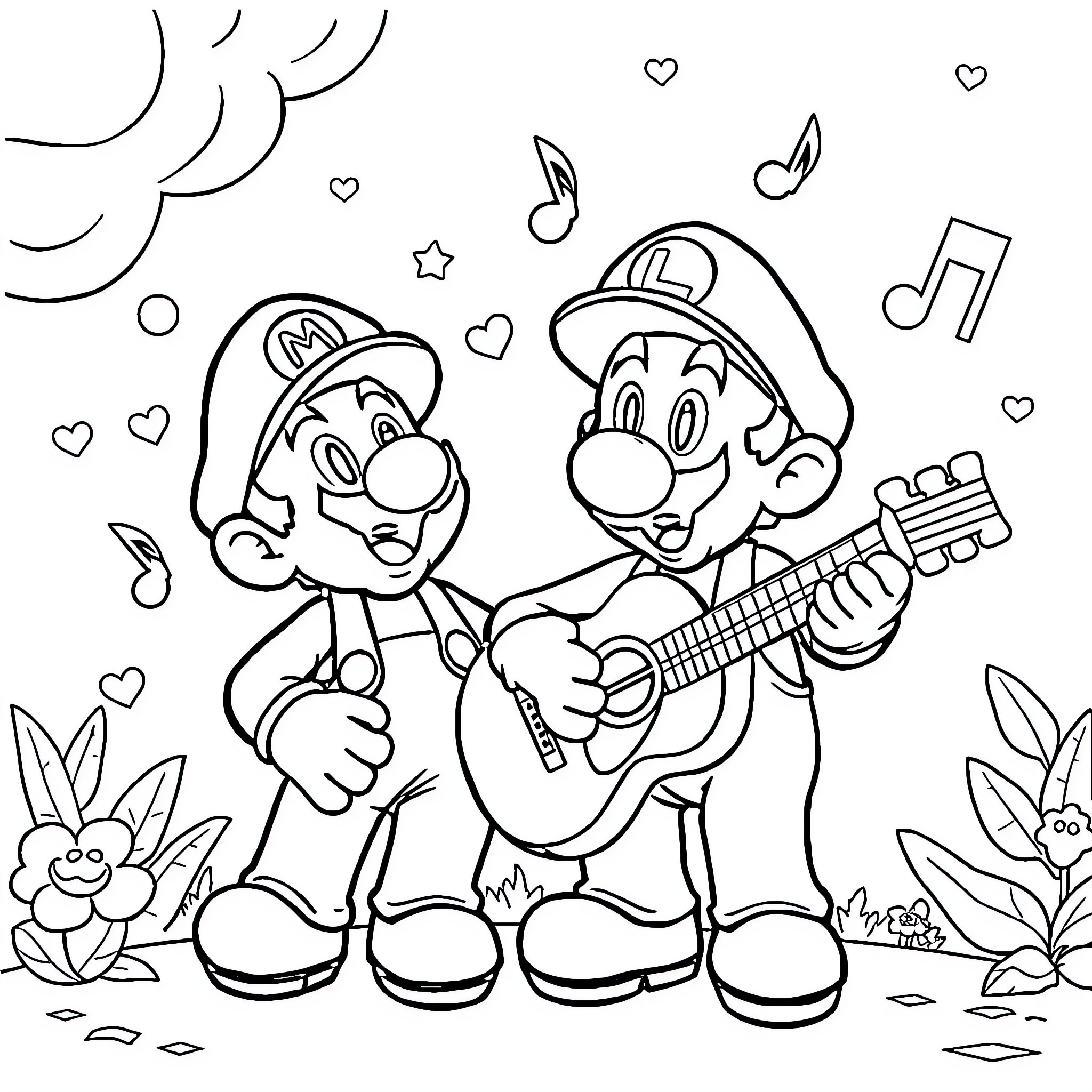 Mario and Luigi singing and playing music with joy Coloring Page (free black-and-white line drawing printable PDF for all, from beginners to advanced learners, including children, teens, adults, and seniors)