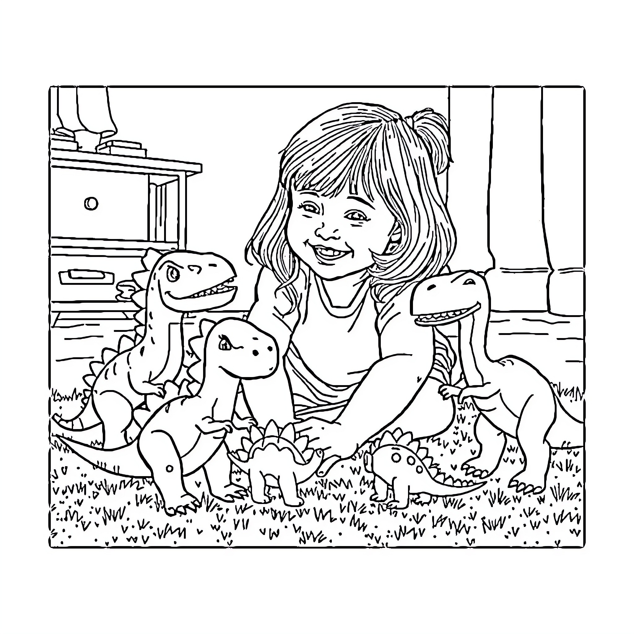Dinosaur toys and happy girl playing together Coloring Page (free black-and-white line drawing printable PDF for all, from beginners to advanced learners, including children, teens, adults, and seniors)