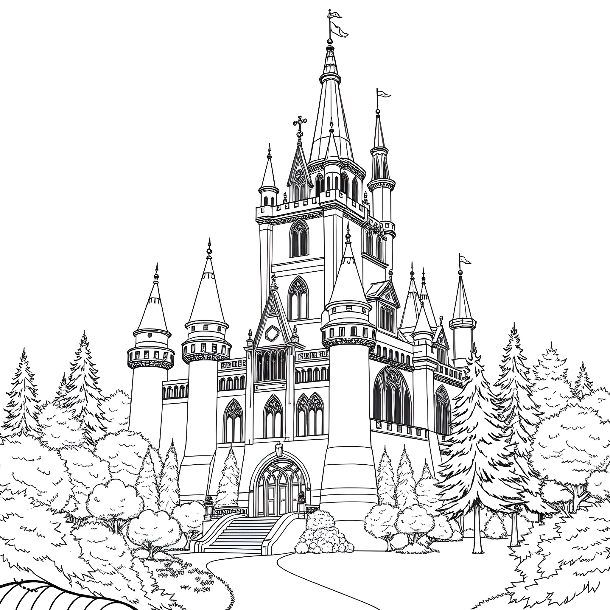 Castle with ornate architecture and towers in a forested landscape Coloring Page (free black-and-white line drawing printable PDF for all, from beginners to advanced learners, including children, teens, adults, and seniors)