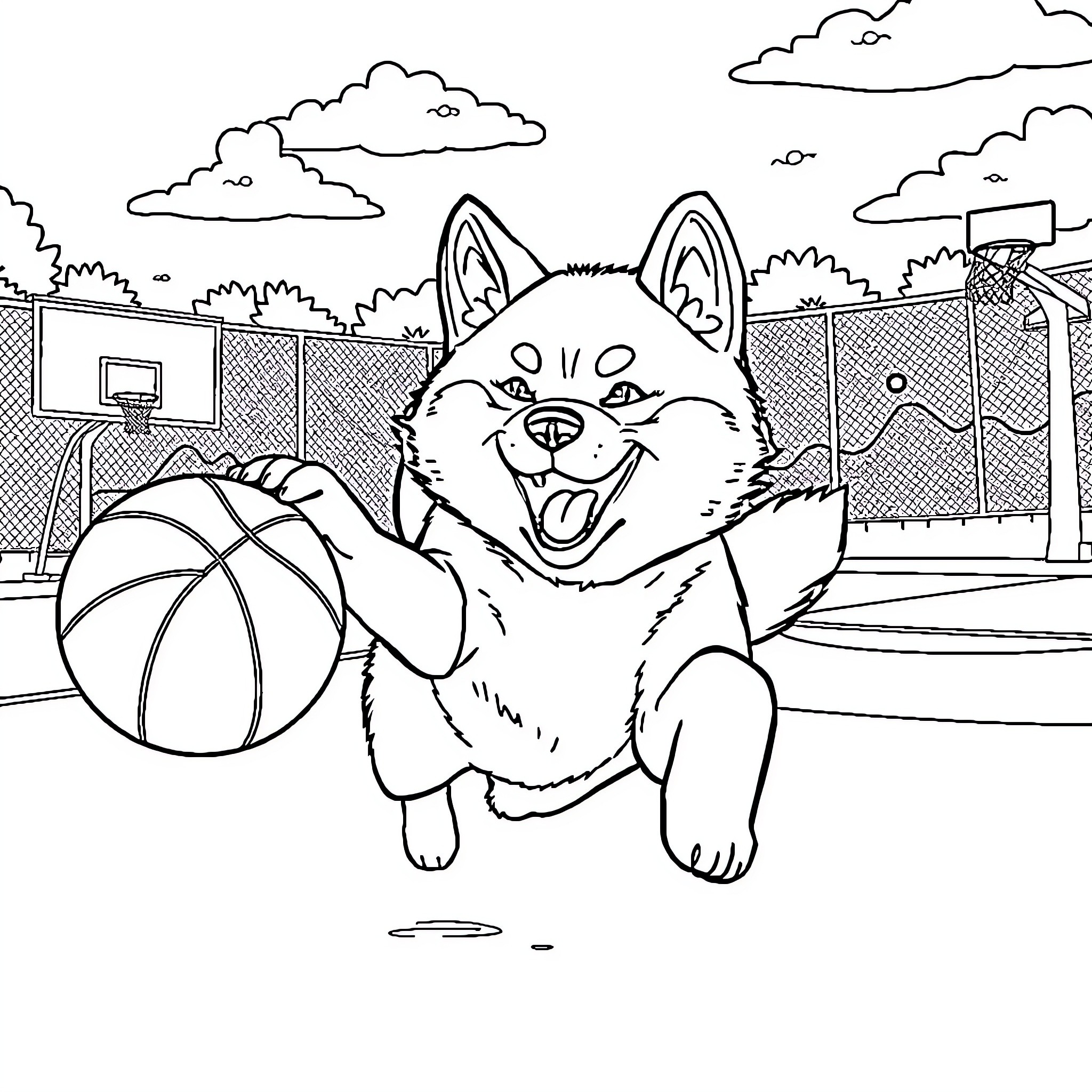 Shiba Inu playing joyfully with basketball on court Coloring Page (free black-and-white line drawing printable PDF for all, from beginners to advanced learners, including children, teens, adults, and seniors)