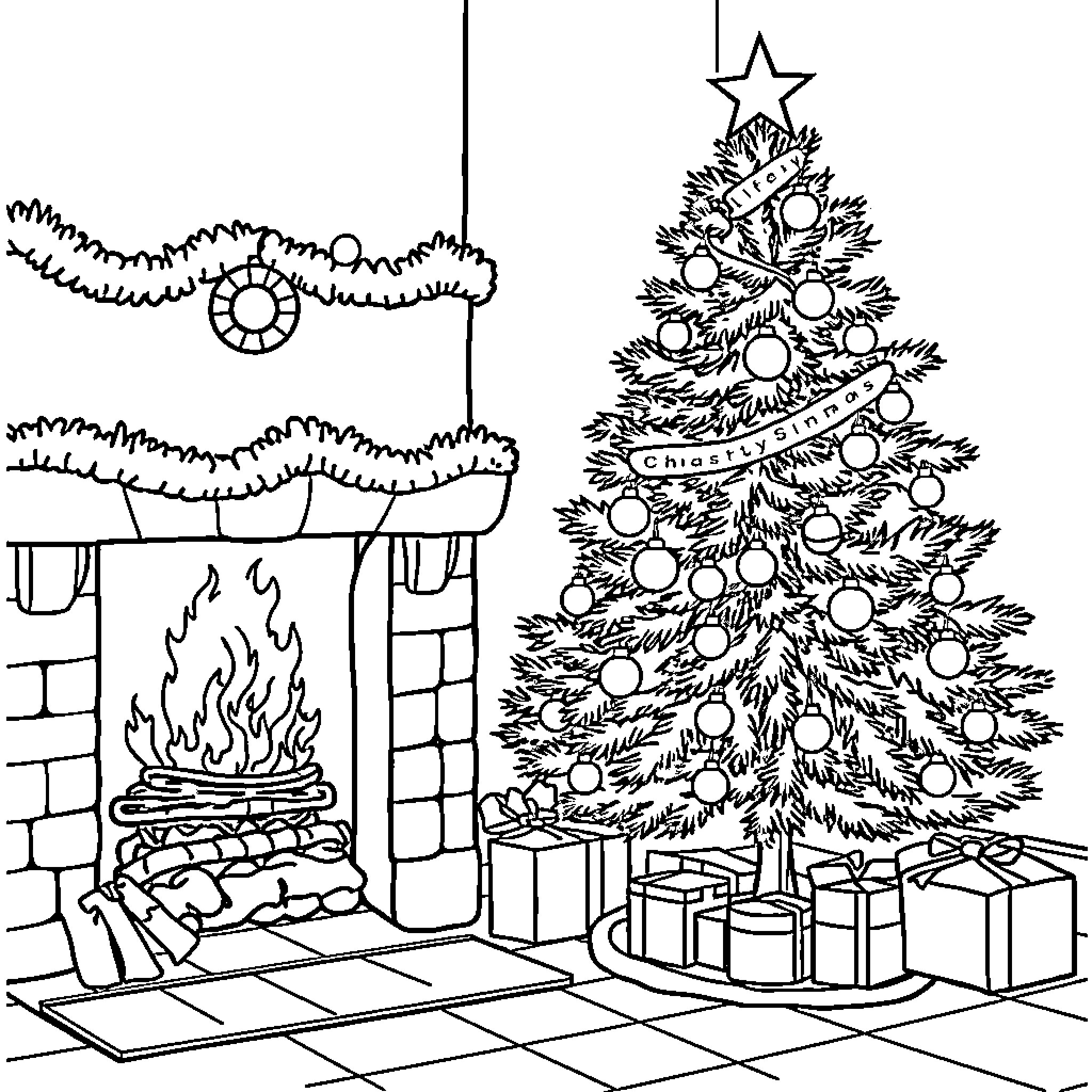 Christmas Tree Adorned with Ornaments and Gifts by the Fireplace Coloring Page (free black-and-white line drawing printable PDF for all, from beginners to advanced learners, including children, teens, adults, and seniors)