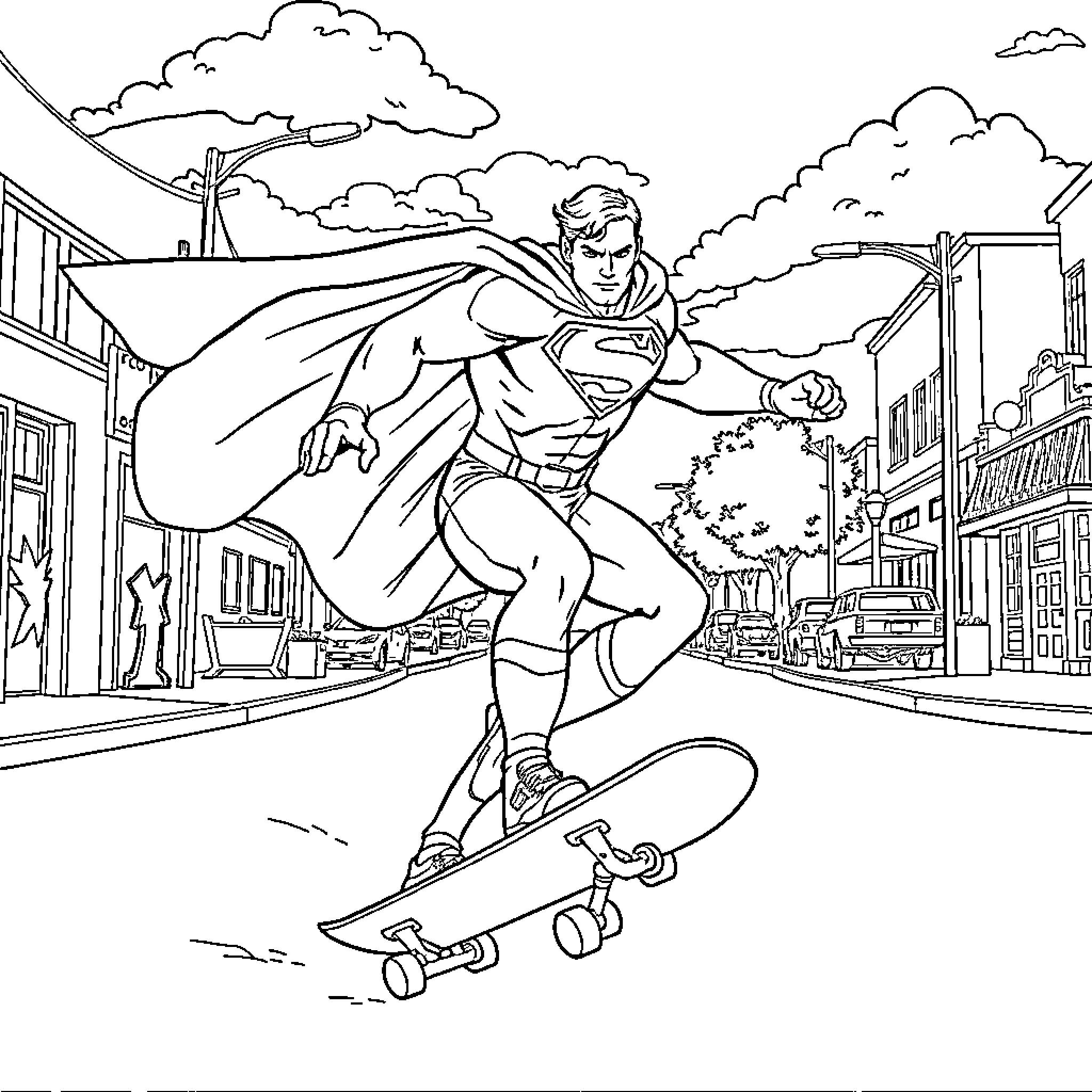 Superman soaring through the city on a skateboard Coloring Page (free black-and-white line drawing printable PDF for all, from beginners to advanced learners, including children, teens, adults, and seniors)