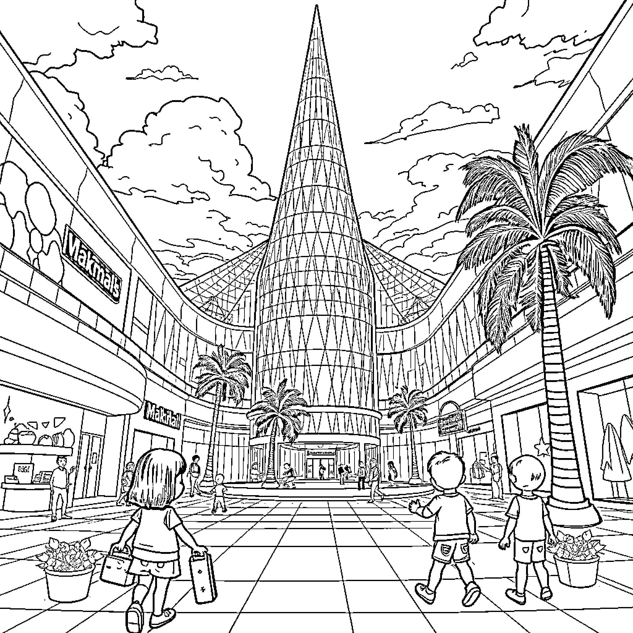 Mall with Towering Structure and Tropical Scenery Coloring Page (free black-and-white line drawing printable PDF for all, from beginners to advanced learners, including children, teens, adults, and seniors)
