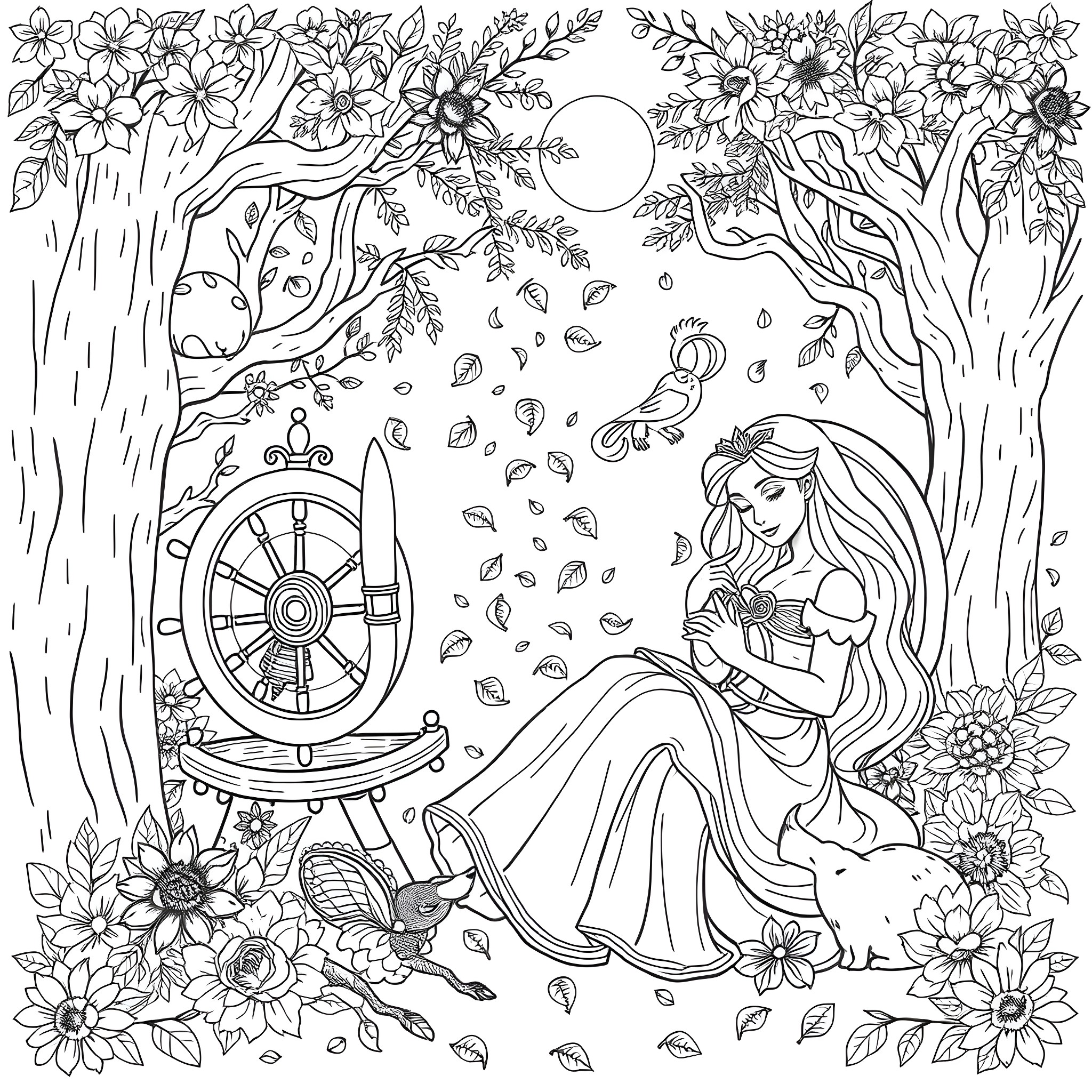 Sleeping Beauty resting in a magical forest Coloring Page (free black-and-white line drawing printable PDF for all, from beginners to advanced learners, including children, teens, adults, and seniors)