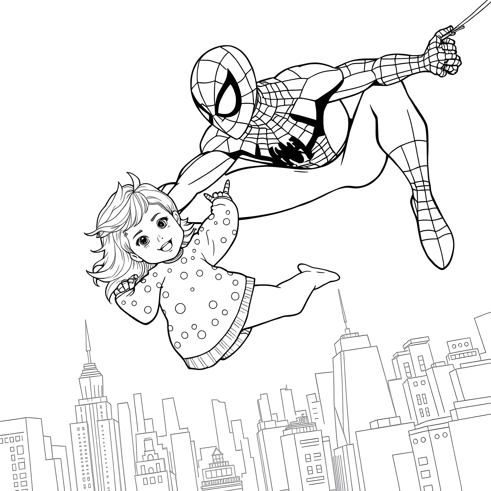 Spiderman rescuing a young girl in the city Coloring Page (free black-and-white line drawing printable PDF for all, from beginners to advanced learners, including children, teens, adults, and seniors)