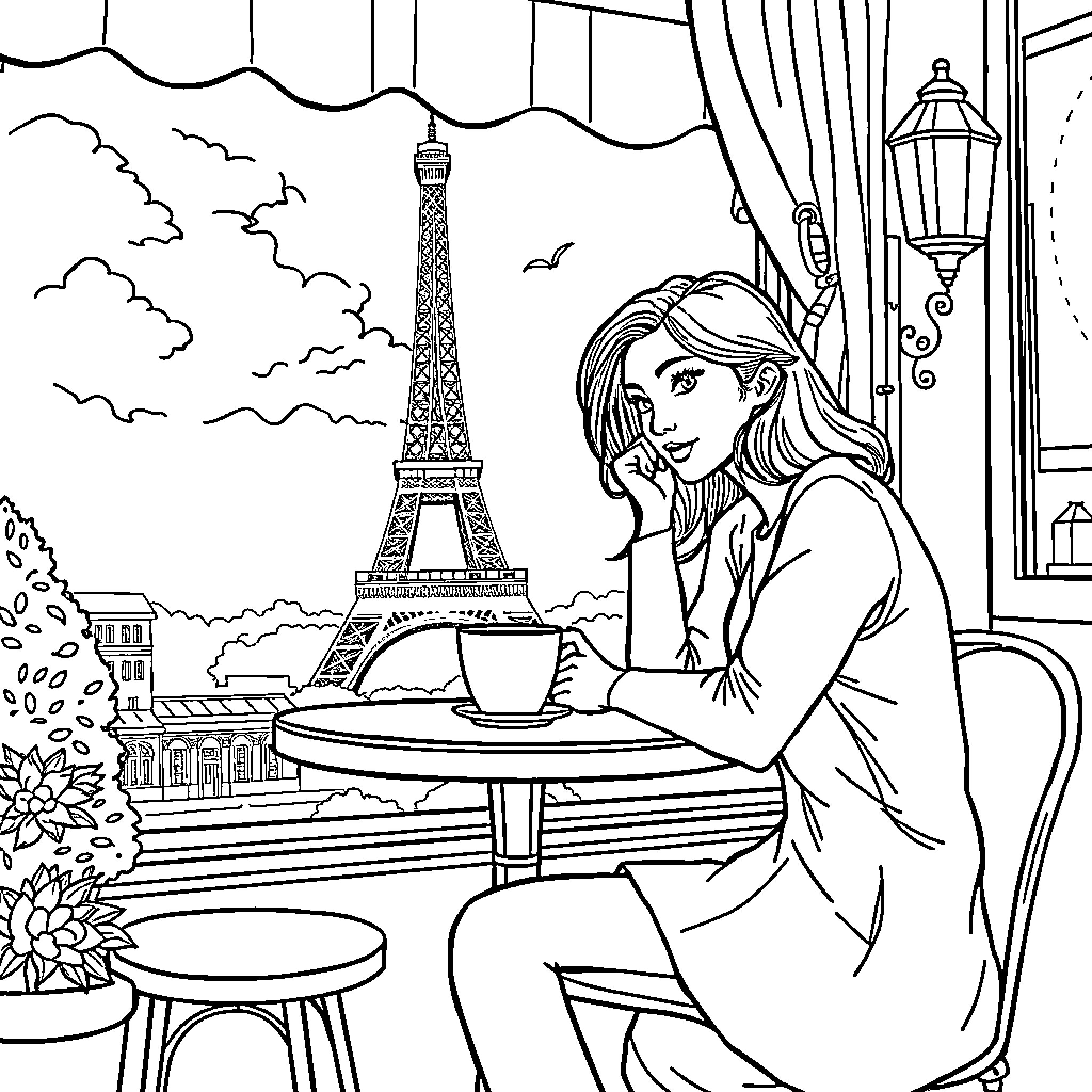 Woman enjoying a cup of coffee in Paris Coloring Page (free black-and-white line drawing printable PDF for all, from beginners to advanced learners, including children, teens, adults, and seniors)