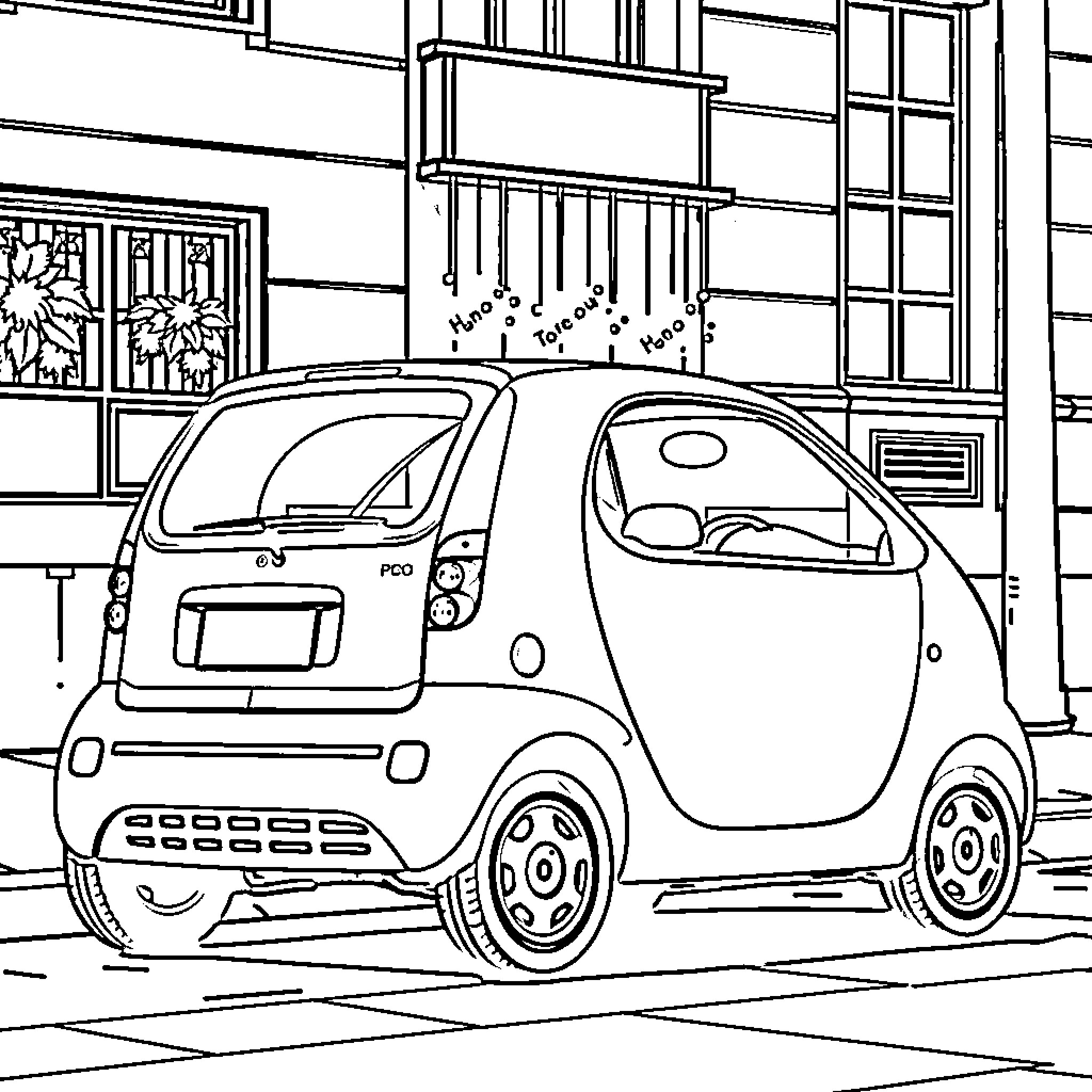 Twingo compact car parked in city street Coloring Page (free black-and-white line drawing printable PDF for all, from beginners to advanced learners, including children, teens, adults, and seniors)