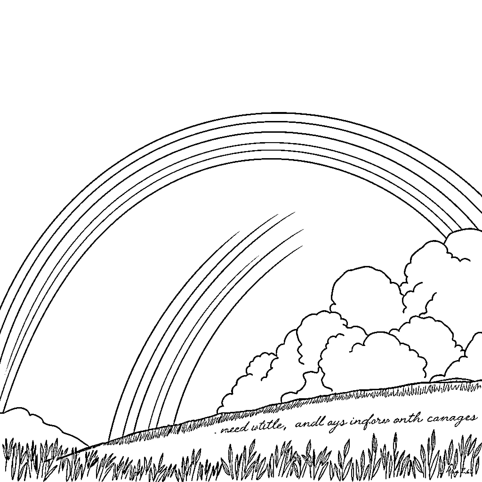 Rainbow over rolling hills and clouds Coloring Page (free black-and-white line drawing printable PDF for all, from beginners to advanced learners, including children, teens, adults, and seniors)