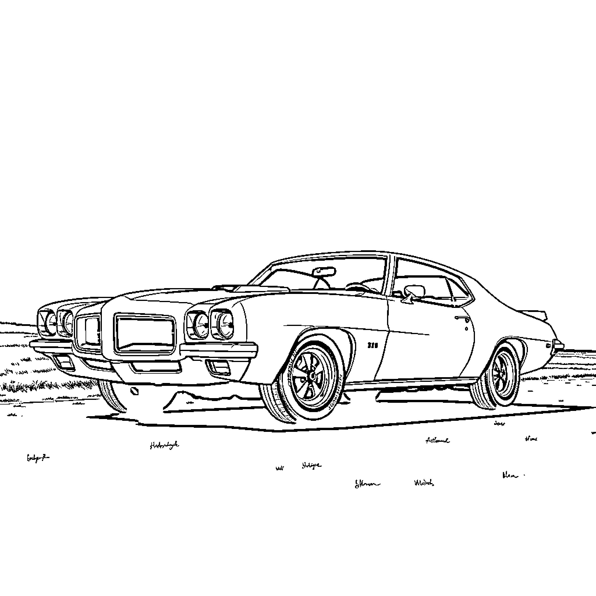 Pontiac muscle car in bold design Coloring Page (free black-and-white line drawing printable PDF for all, from beginners to advanced learners, including children, teens, adults, and seniors)