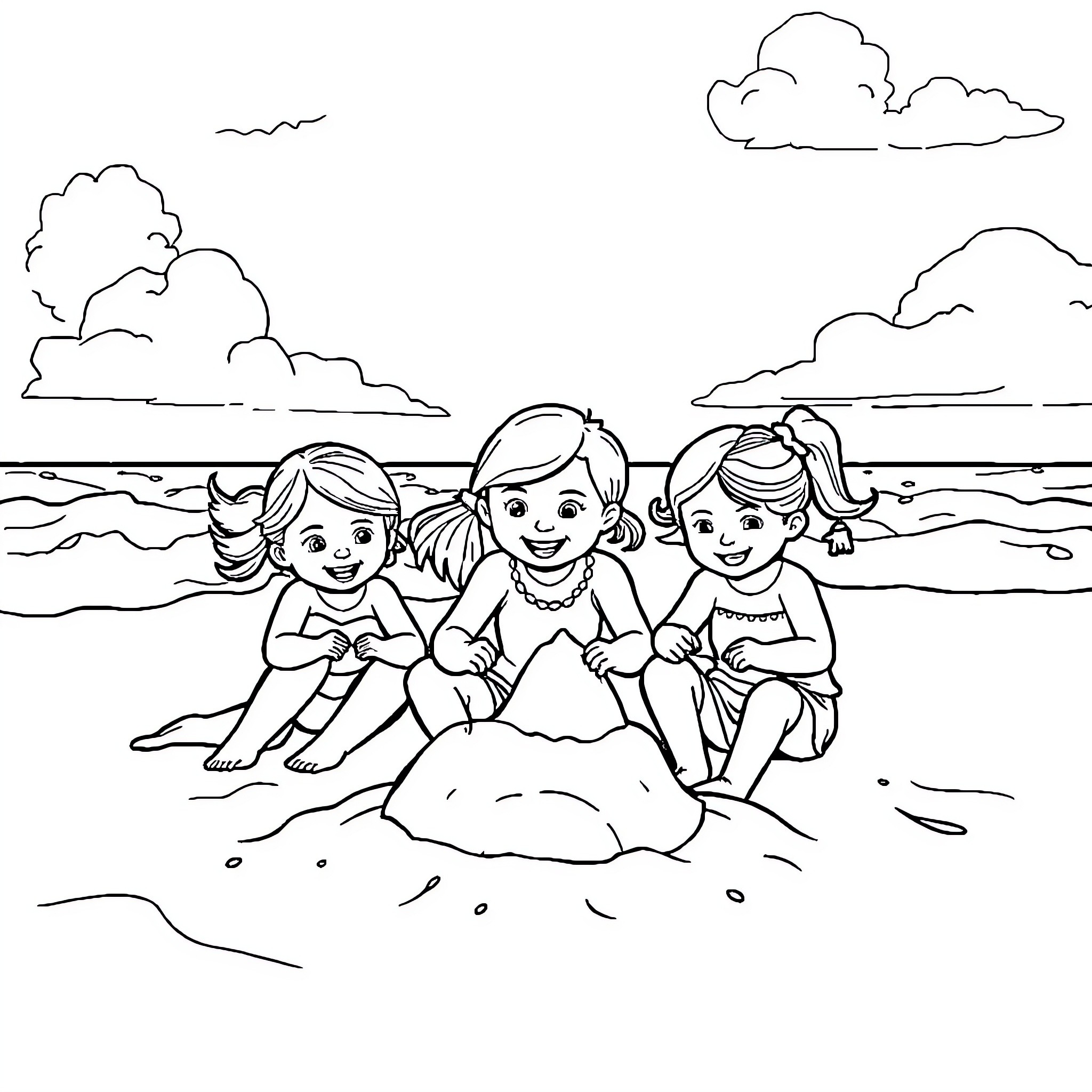Family enjoys fun at the beach Coloring Page (free black-and-white line drawing printable PDF for all, from beginners to advanced learners, including children, teens, adults, and seniors)
