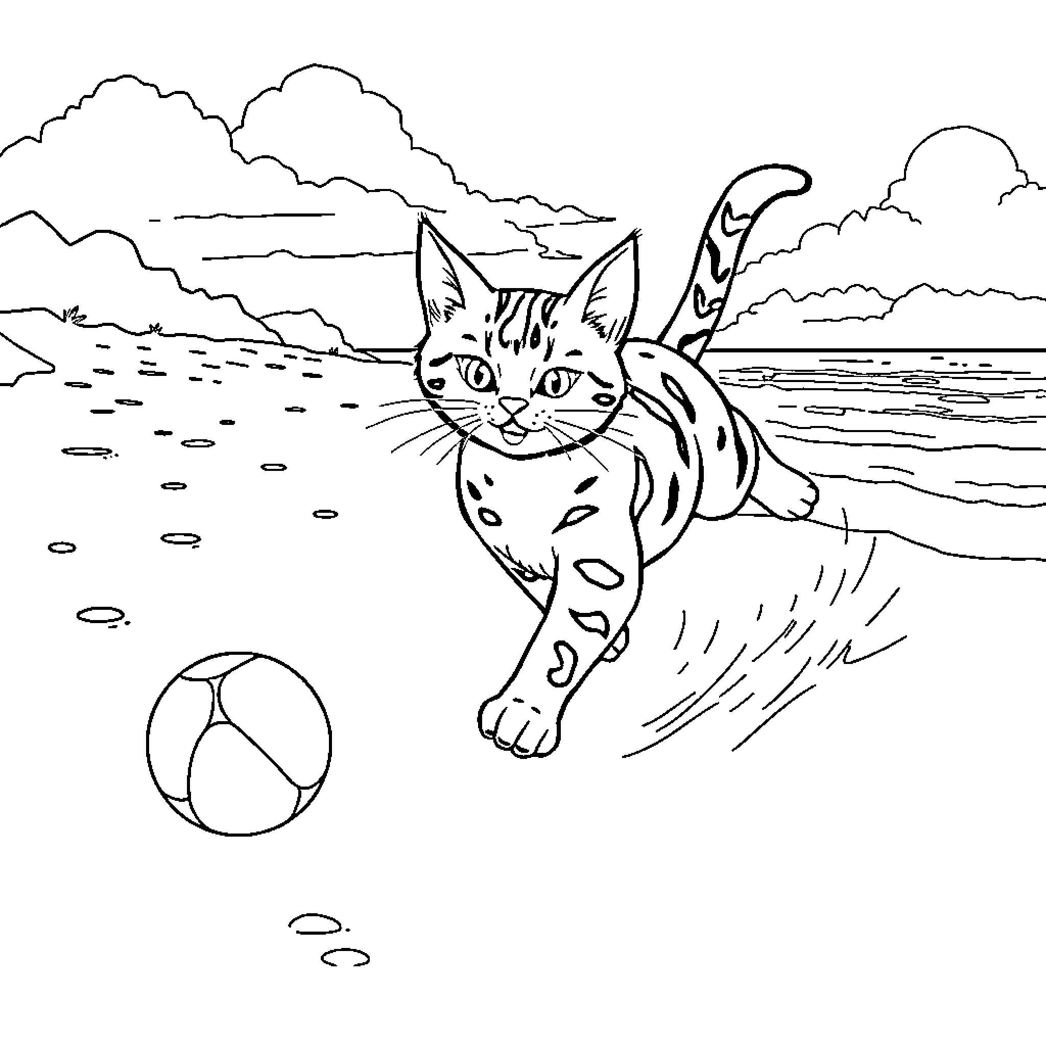 Gato playing with beach ball by the sea Coloring Page (free black-and-white line drawing printable PDF for all, from beginners to advanced learners, including children, teens, adults, and seniors)