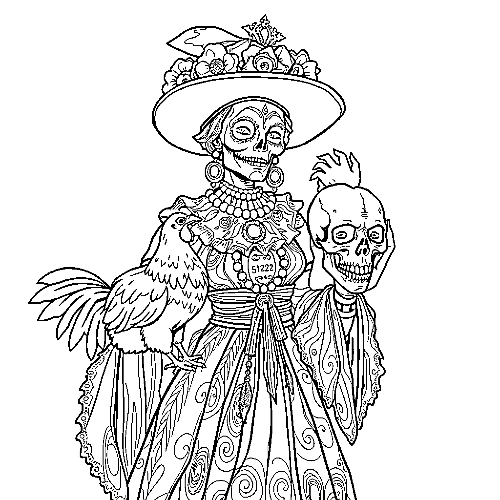 Voodoo Queen in Ornate Costume with Skulls and Birds Coloring Page (free black-and-white line drawing printable PDF for all, from beginners to advanced learners, including children, teens, adults, and seniors)