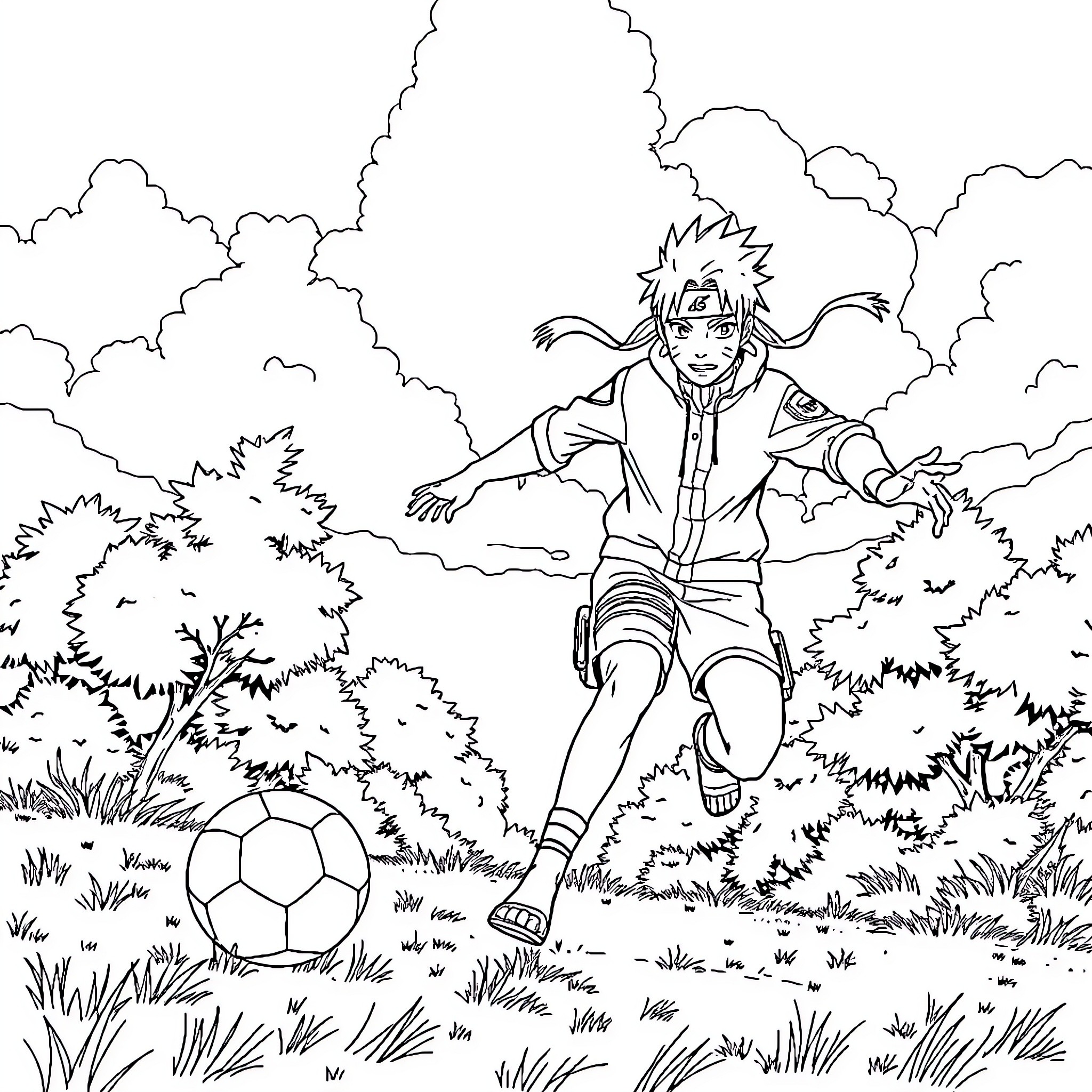 Naruto kicking a soccer ball in the forest Coloring Page (free black-and-white line drawing printable PDF for all, from beginners to advanced learners, including children, teens, adults, and seniors)