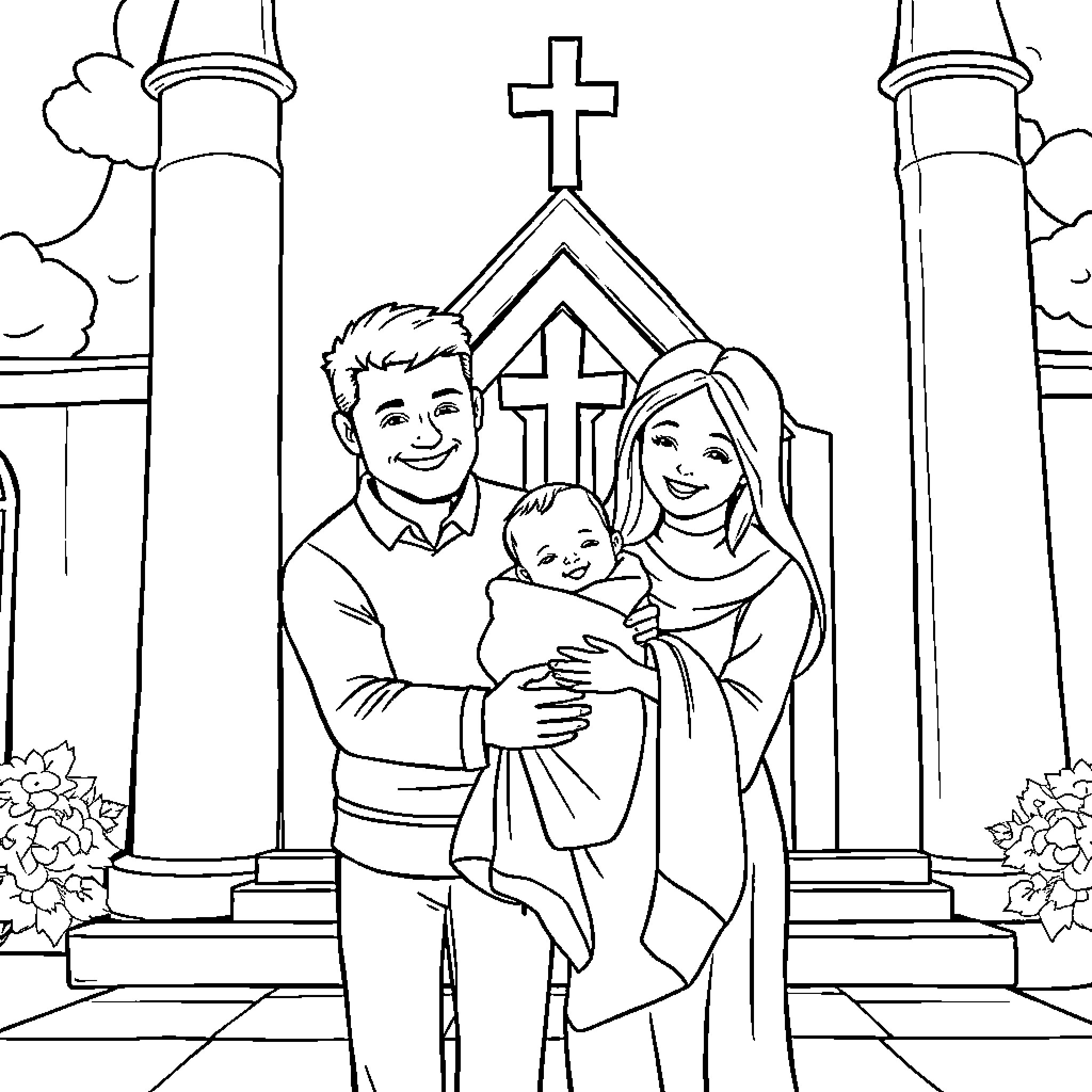 Baby's baptism in church Coloring Page (free black-and-white line drawing printable PDF for all, from beginners to advanced learners, including children, teens, adults, and seniors)