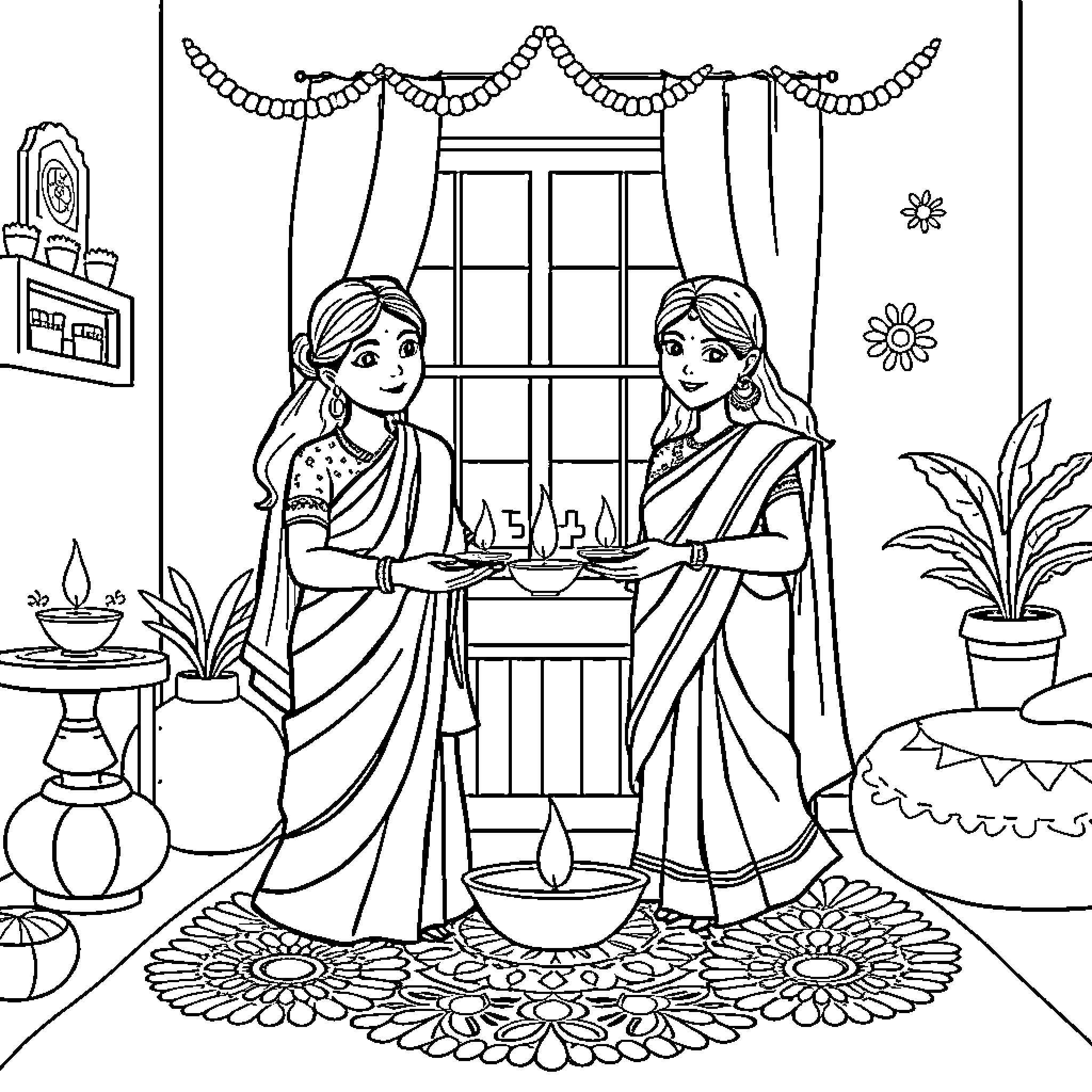Diwali celebration with two women in traditional Indian outfits Coloring Page (free black-and-white line drawing printable PDF for all, from beginners to advanced learners, including children, teens, adults, and seniors)