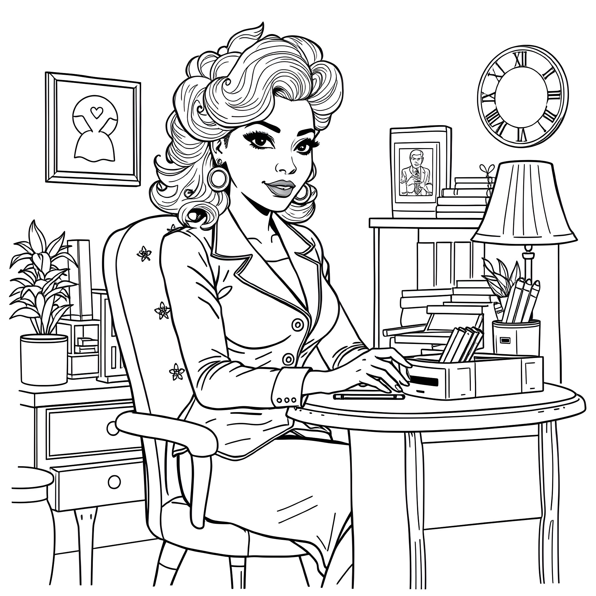 Dolly Parton working diligently in her office Coloring Page (free black-and-white line drawing printable PDF for all, from beginners to advanced learners, including children, teens, adults, and seniors)
