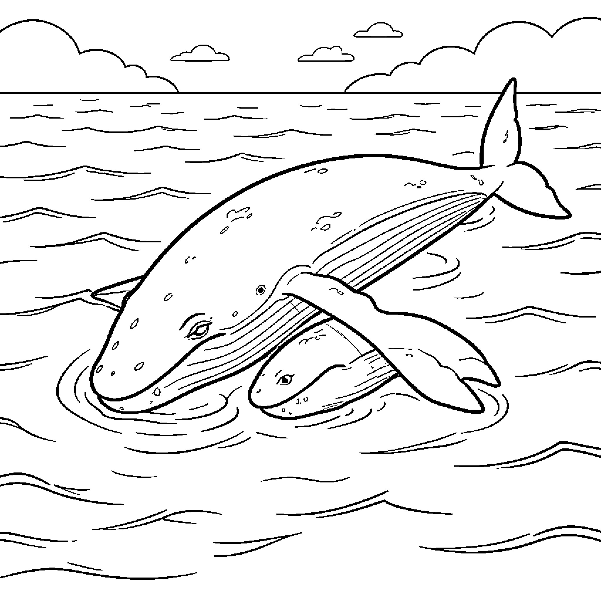Ballena swimming peacefully in the ocean waves Coloring Page (free black-and-white line drawing printable PDF for all, from beginners to advanced learners, including children, teens, adults, and seniors)