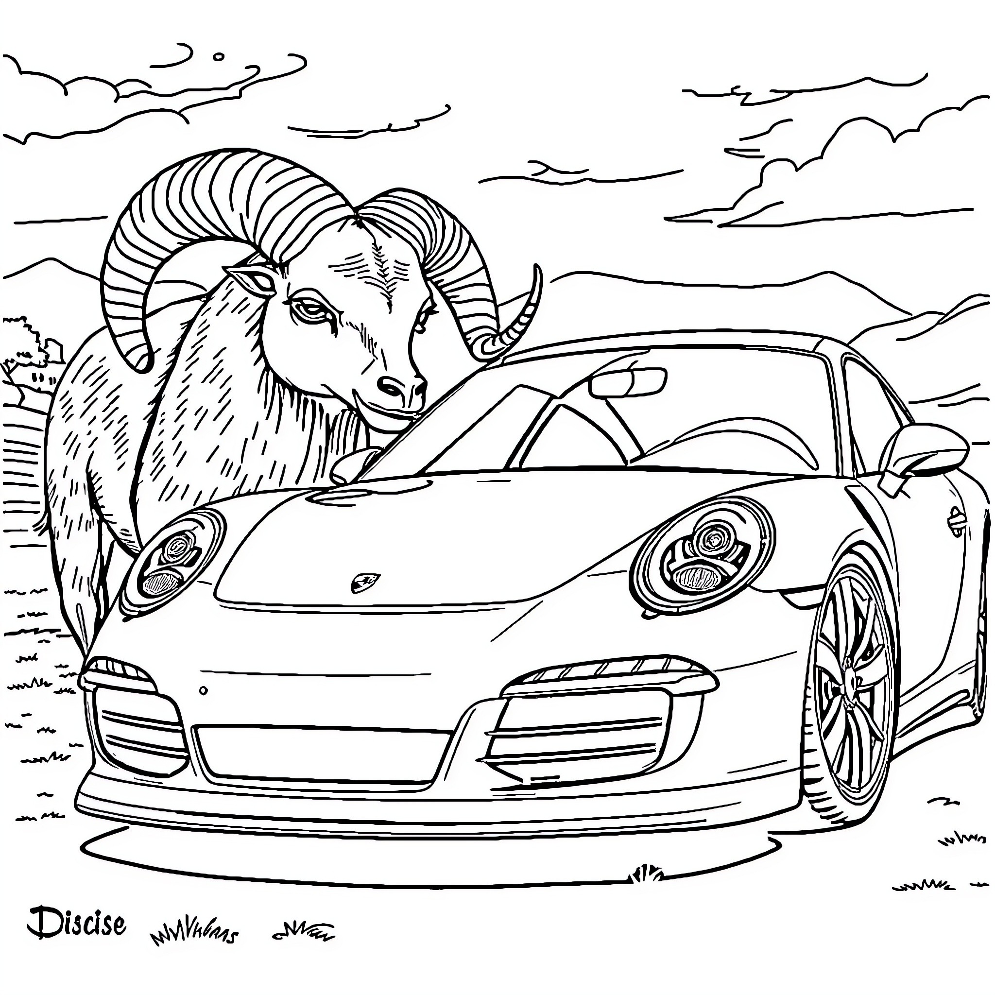 Porsche sports car with a bighorn sheep Coloring Page (free black-and-white line drawing printable PDF for all, from beginners to advanced learners, including children, teens, adults, and seniors)