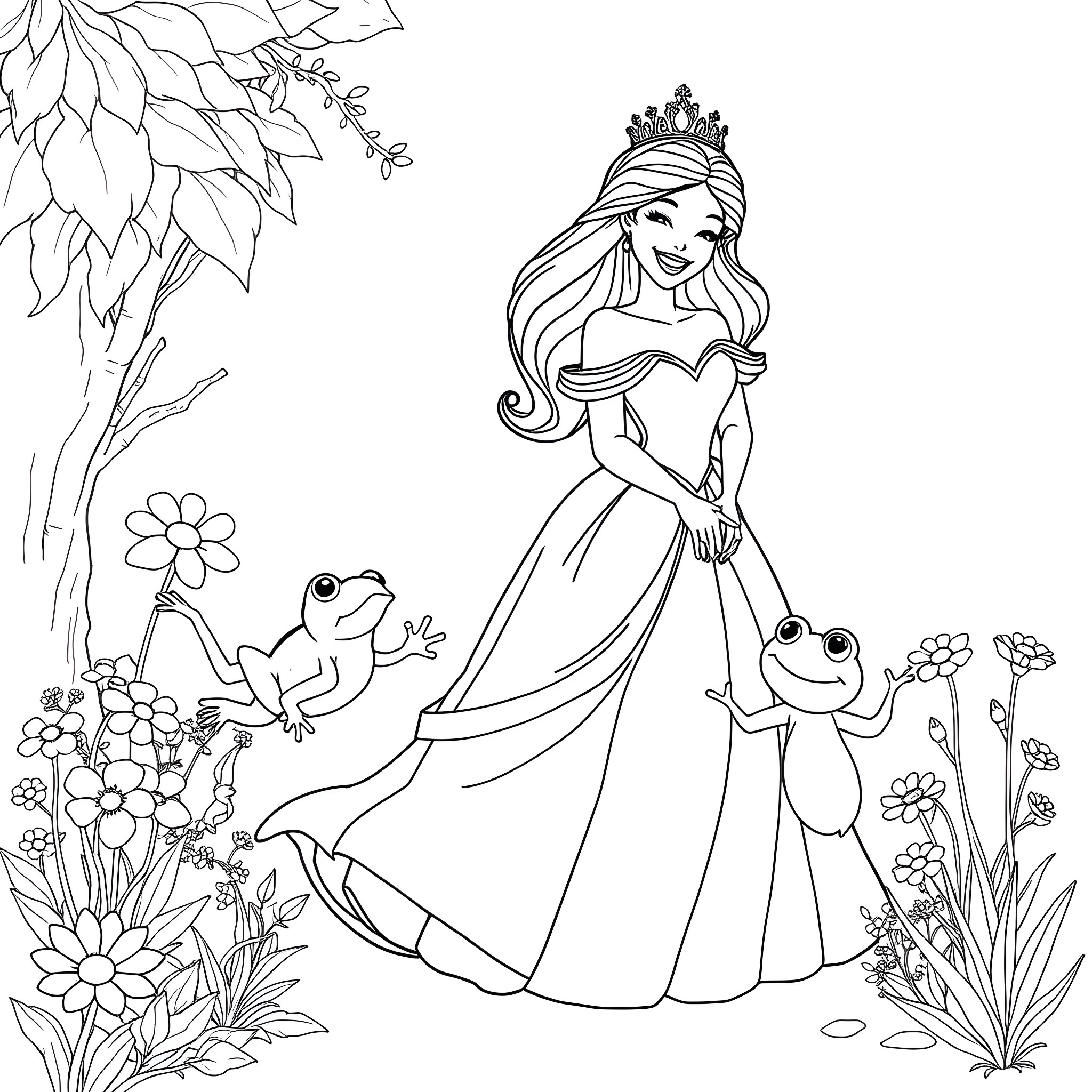 Princess Enjoying Nature with Animal Friends Coloring Page (free black-and-white line drawing printable PDF for all, from beginners to advanced learners, including children, teens, adults, and seniors)