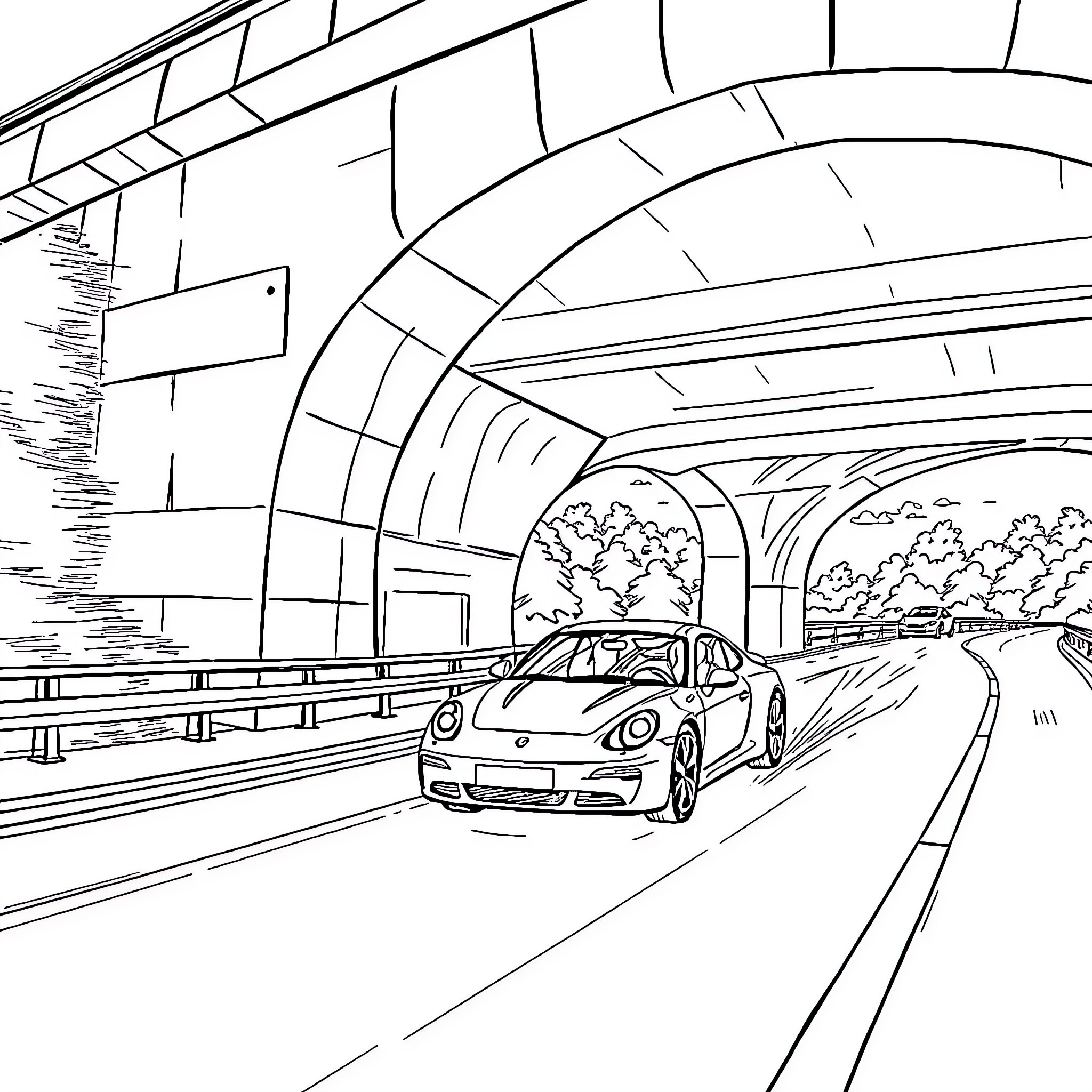 Car driving through an underground tunnel Coloring Page (free black-and-white line drawing printable PDF for all, from beginners to advanced learners, including children, teens, adults, and seniors)