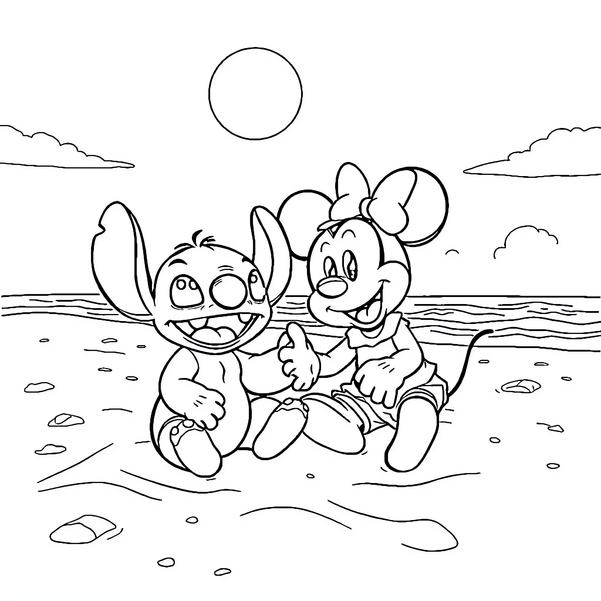 Stitch and Mickey playing happily on the beach Coloring Page (free black-and-white line drawing printable PDF for all, from beginners to advanced learners, including children, teens, adults, and seniors)