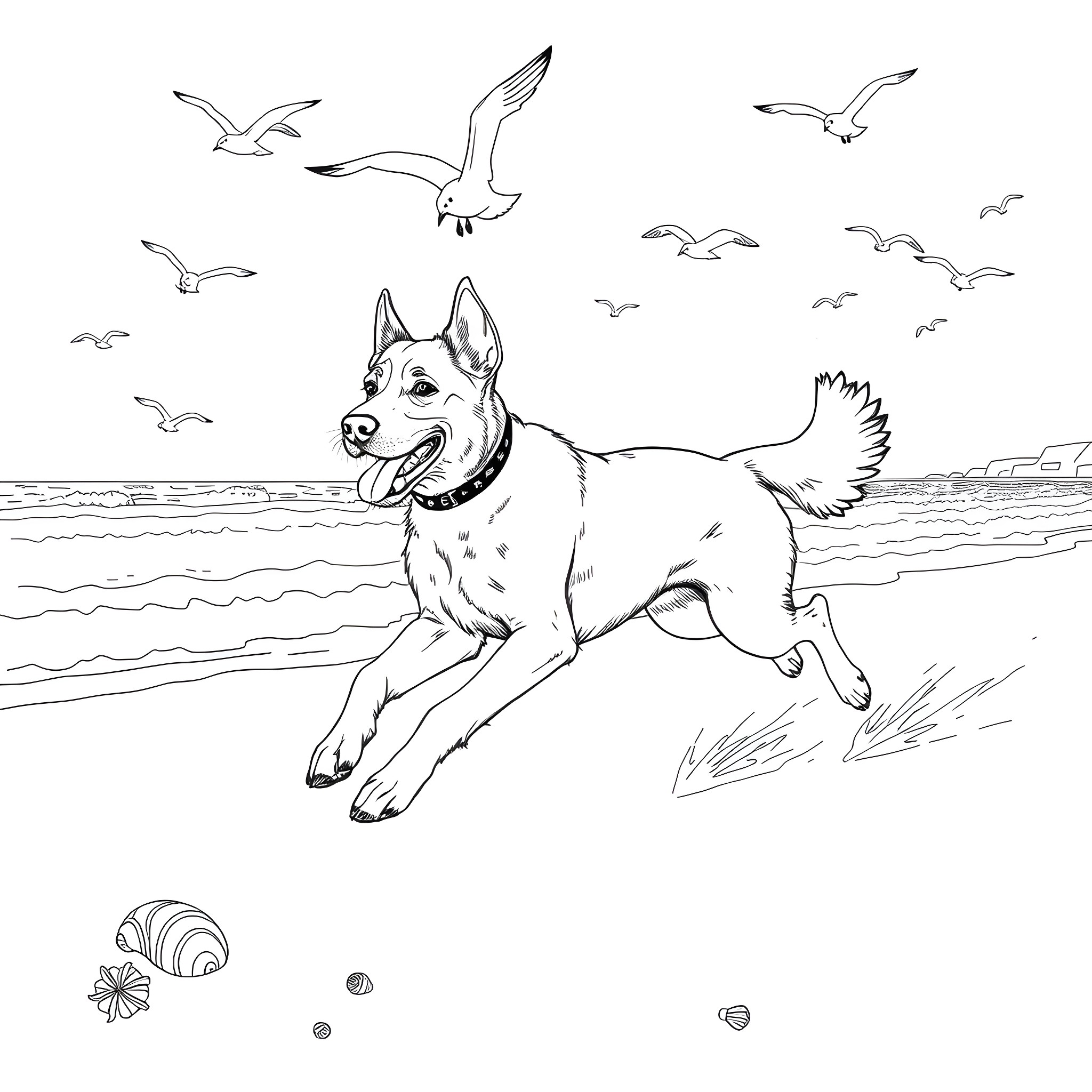 Hound running joyfully on the beach Coloring Page (free black-and-white line drawing printable PDF for all, from beginners to advanced learners, including children, teens, adults, and seniors)