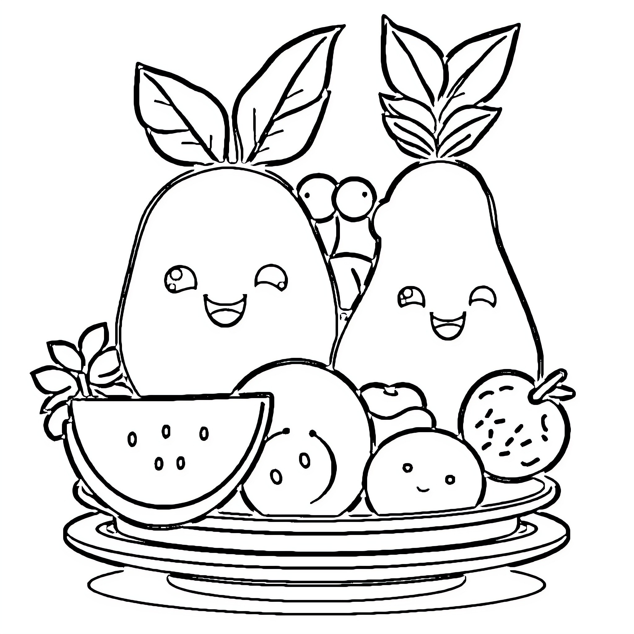Fruit characters on a plate with leaves Coloring Page (free black-and-white line drawing printable PDF for all, from beginners to advanced learners, including children, teens, adults, and seniors)