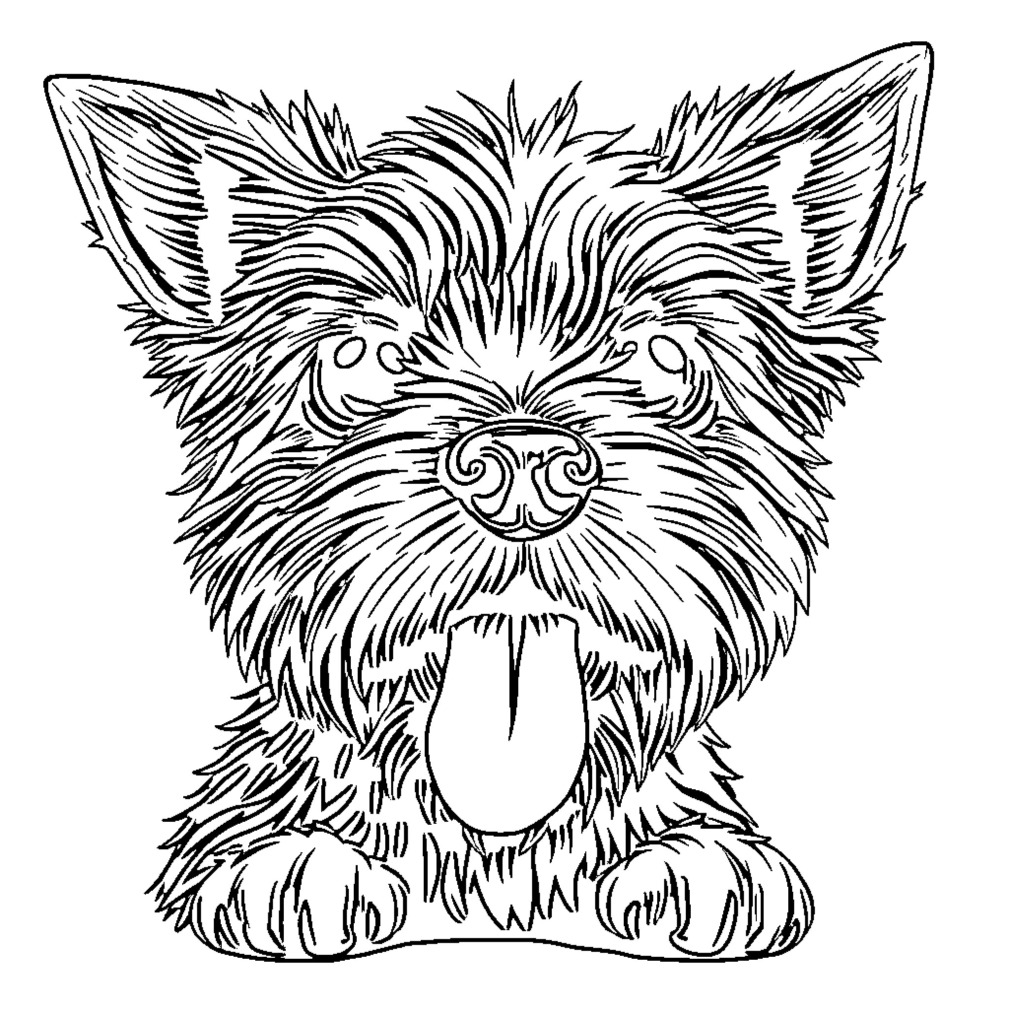 Yorky puppy's playful expression Coloring Page (free black-and-white line drawing printable PDF for all, from beginners to advanced learners, including children, teens, adults, and seniors)