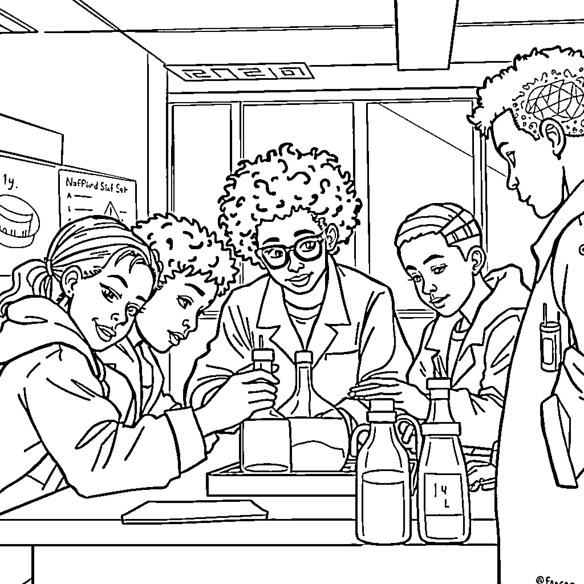 Students Engaging in Science Experiment Together Coloring Page (free black-and-white line drawing printable PDF for all, from beginners to advanced learners, including children, teens, adults, and seniors)