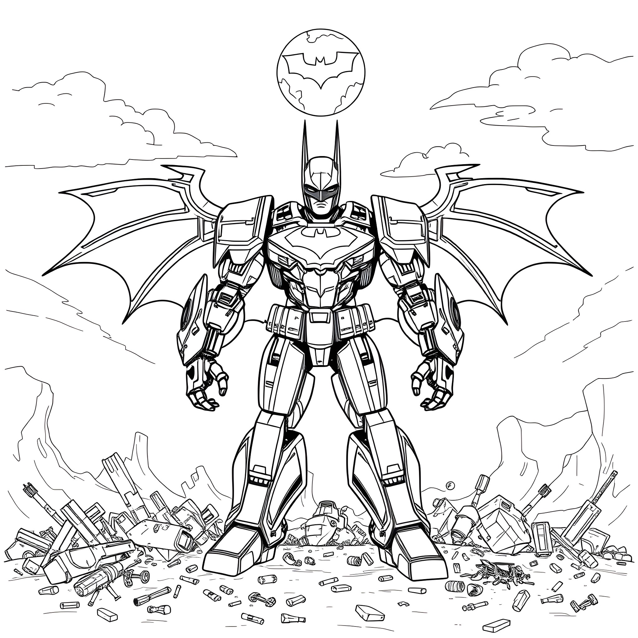 Mecha Batman Stands Tall Amid Destruction Coloring Page (free black-and-white line drawing printable PDF for all, from beginners to advanced learners, including children, teens, adults, and seniors)
