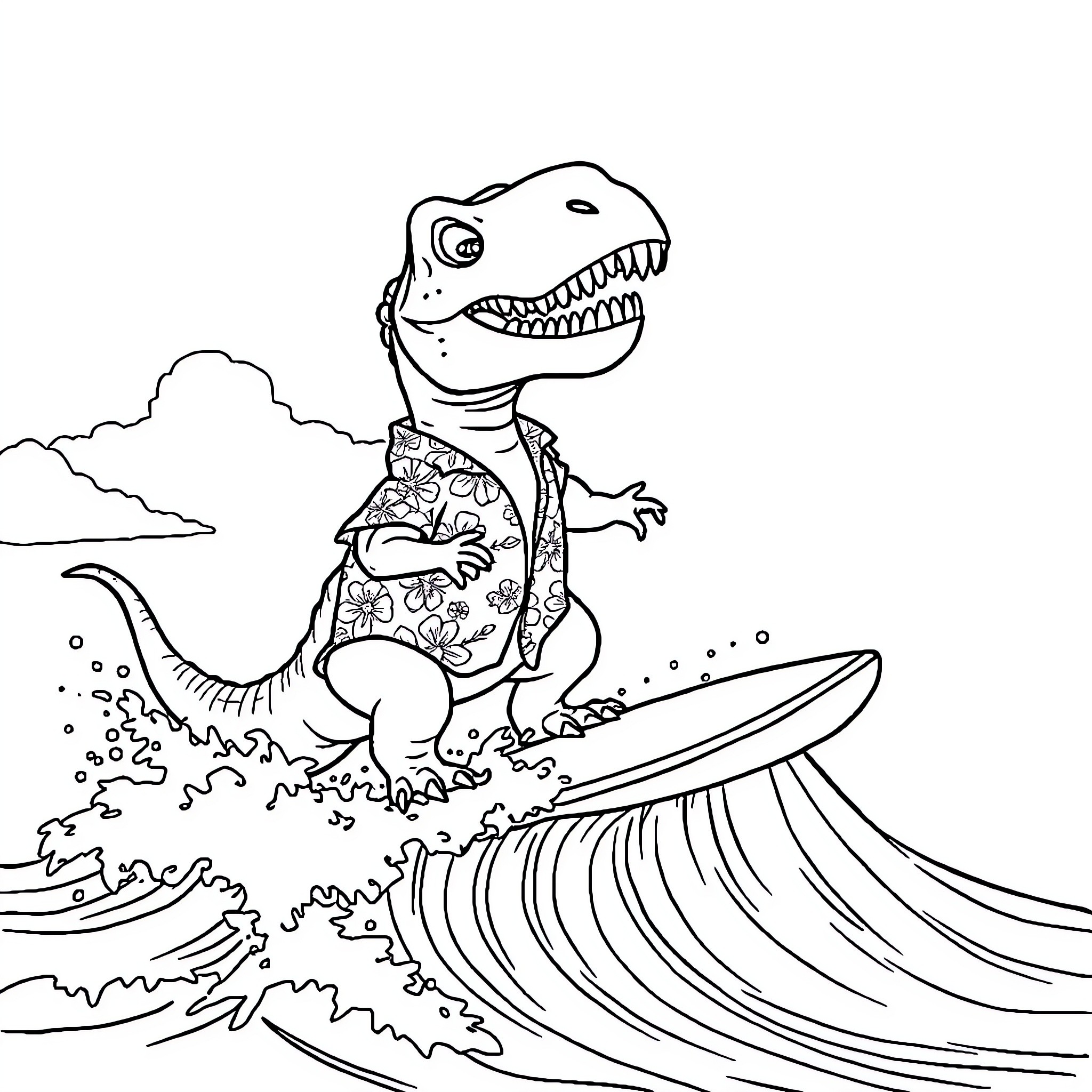 Dinosaur surfing big waves in the ocean Coloring Page (free black-and-white line drawing printable PDF for all, from beginners to advanced learners, including children, teens, adults, and seniors)