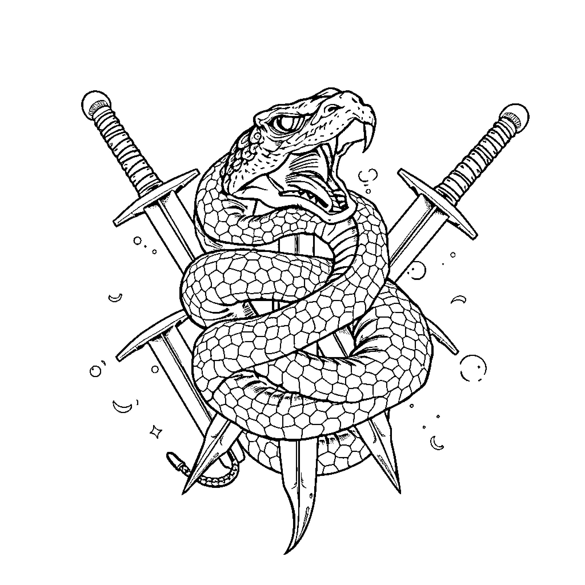 Snake Coiled Around Crossed Swords Coloring Page (free black-and-white line drawing printable PDF for all, from beginners to advanced learners, including children, teens, adults, and seniors)