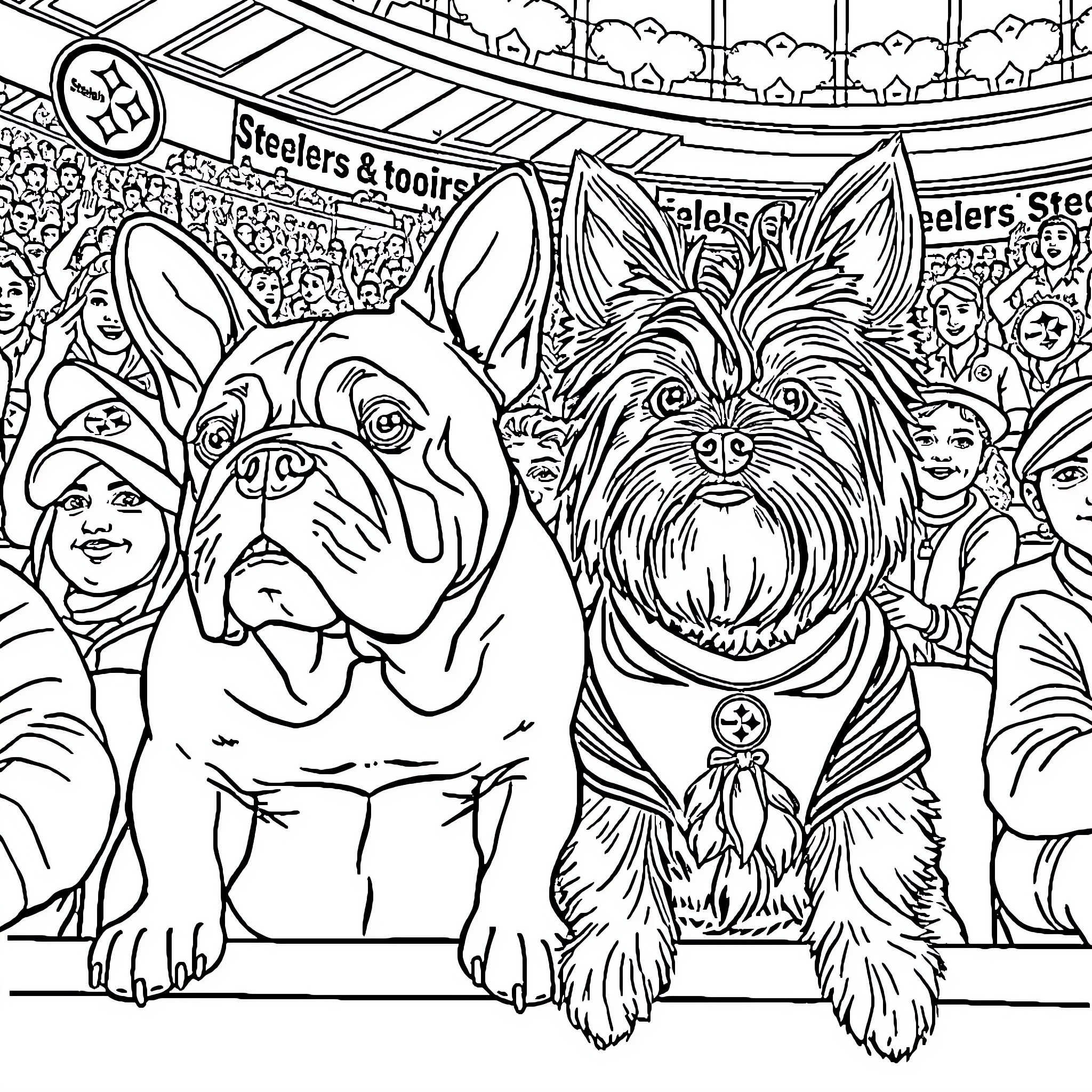 Dogs attending a sports event Coloring Page (free black-and-white line drawing printable PDF for all, from beginners to advanced learners, including children, teens, adults, and seniors)