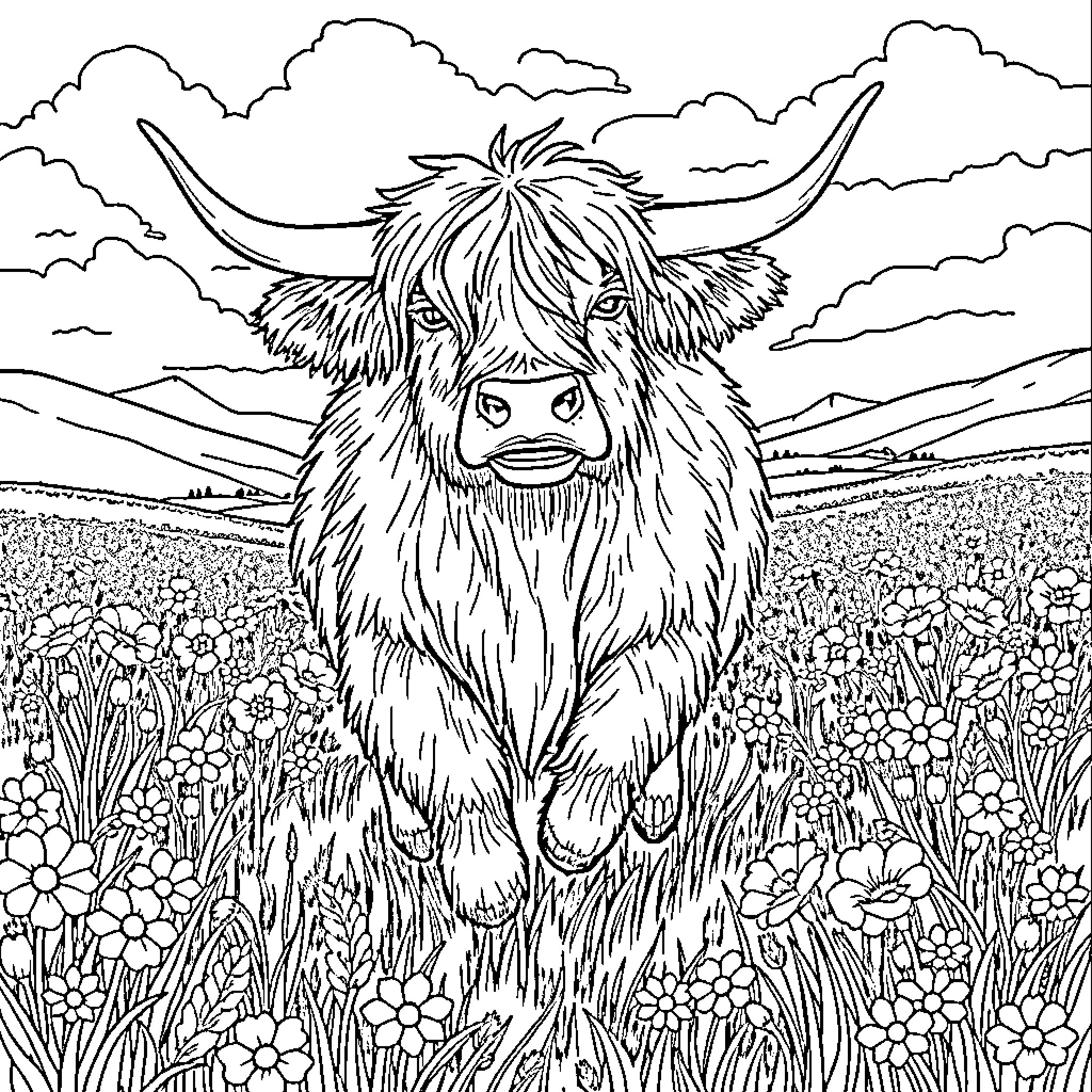 Hiland Cow enjoying the meadow scenery Coloring Page (free black-and-white line drawing printable PDF for all, from beginners to advanced learners, including children, teens, adults, and seniors)