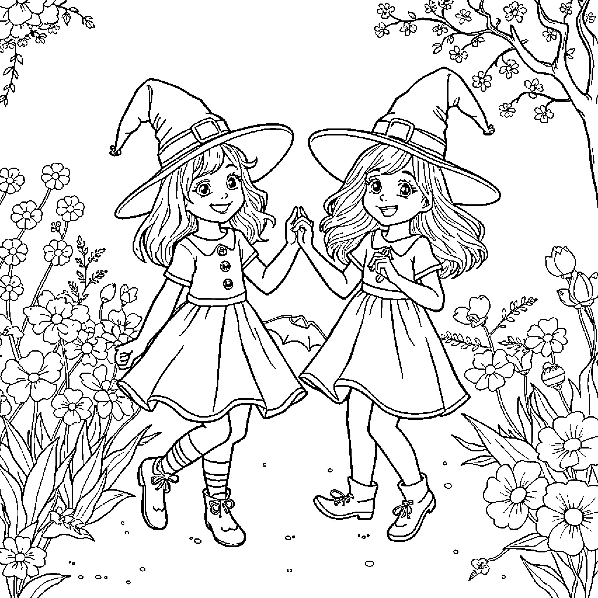 Girls in witch costumes playing together in a floral garden Coloring Page (free black-and-white line drawing printable PDF for all, from beginners to advanced learners, including children, teens, adults, and seniors)