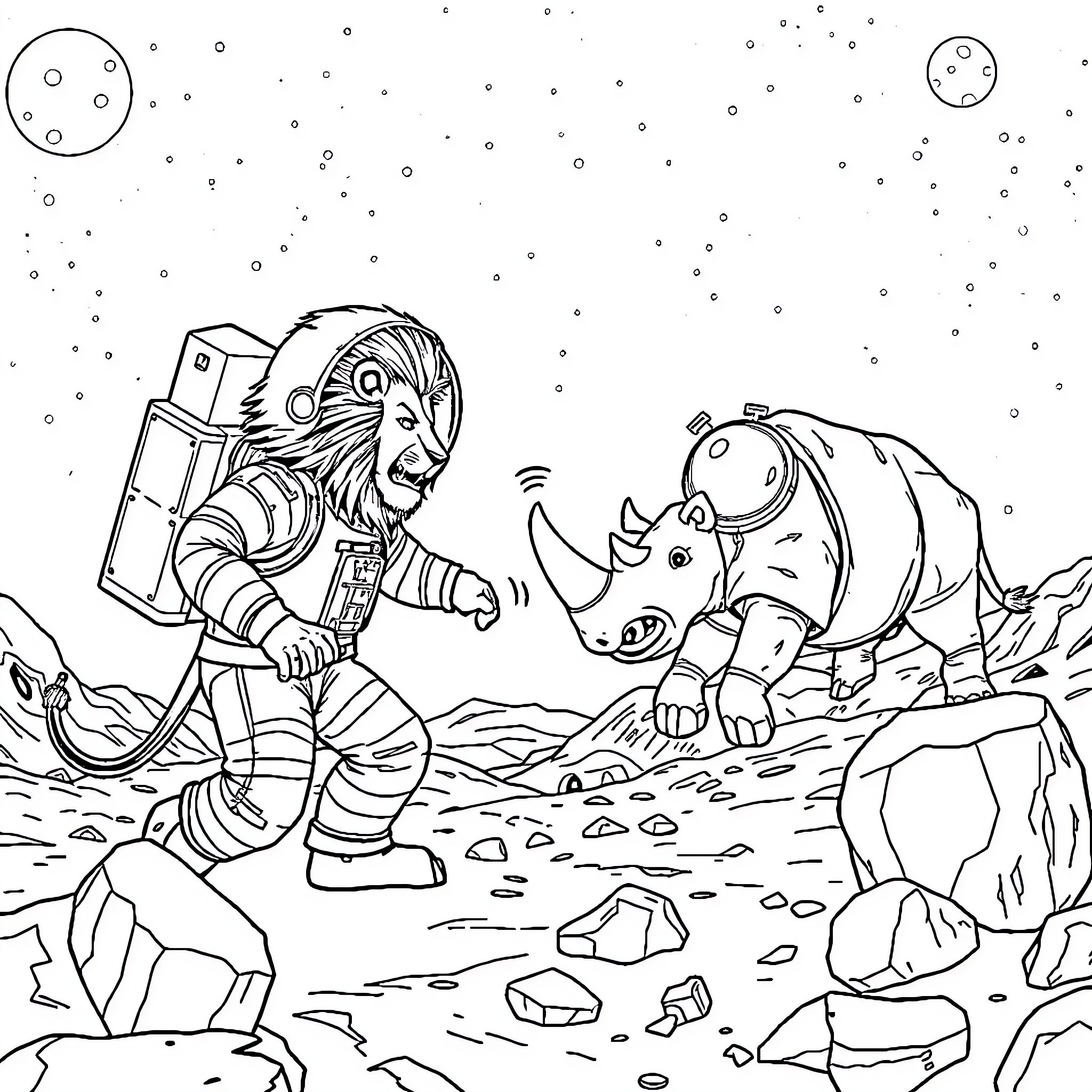 Astronaut exploring alien landscape with strange creature Coloring Page (free black-and-white line drawing printable PDF for all, from beginners to advanced learners, including children, teens, adults, and seniors)