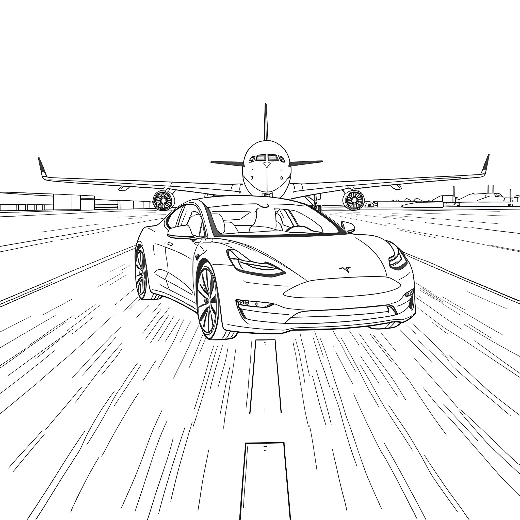 Tesla electric car speeding on the runway near airplane Coloring Page (free black-and-white line drawing printable PDF for all, from beginners to advanced learners, including children, teens, adults, and seniors)
