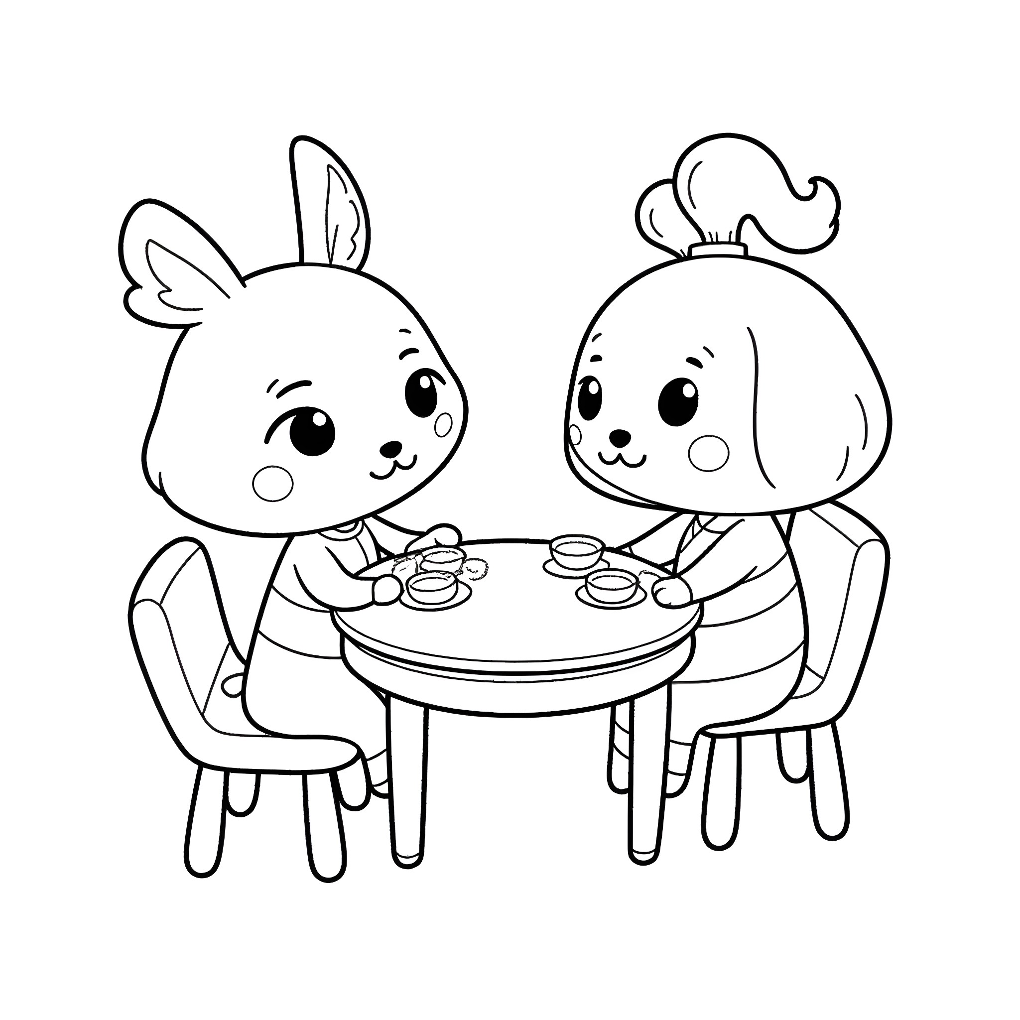 Animal Crossing: Friends Enjoying Tea Time Together Coloring Page (free black-and-white line drawing printable PDF for all, from beginners to advanced learners, including children, teens, adults, and seniors)