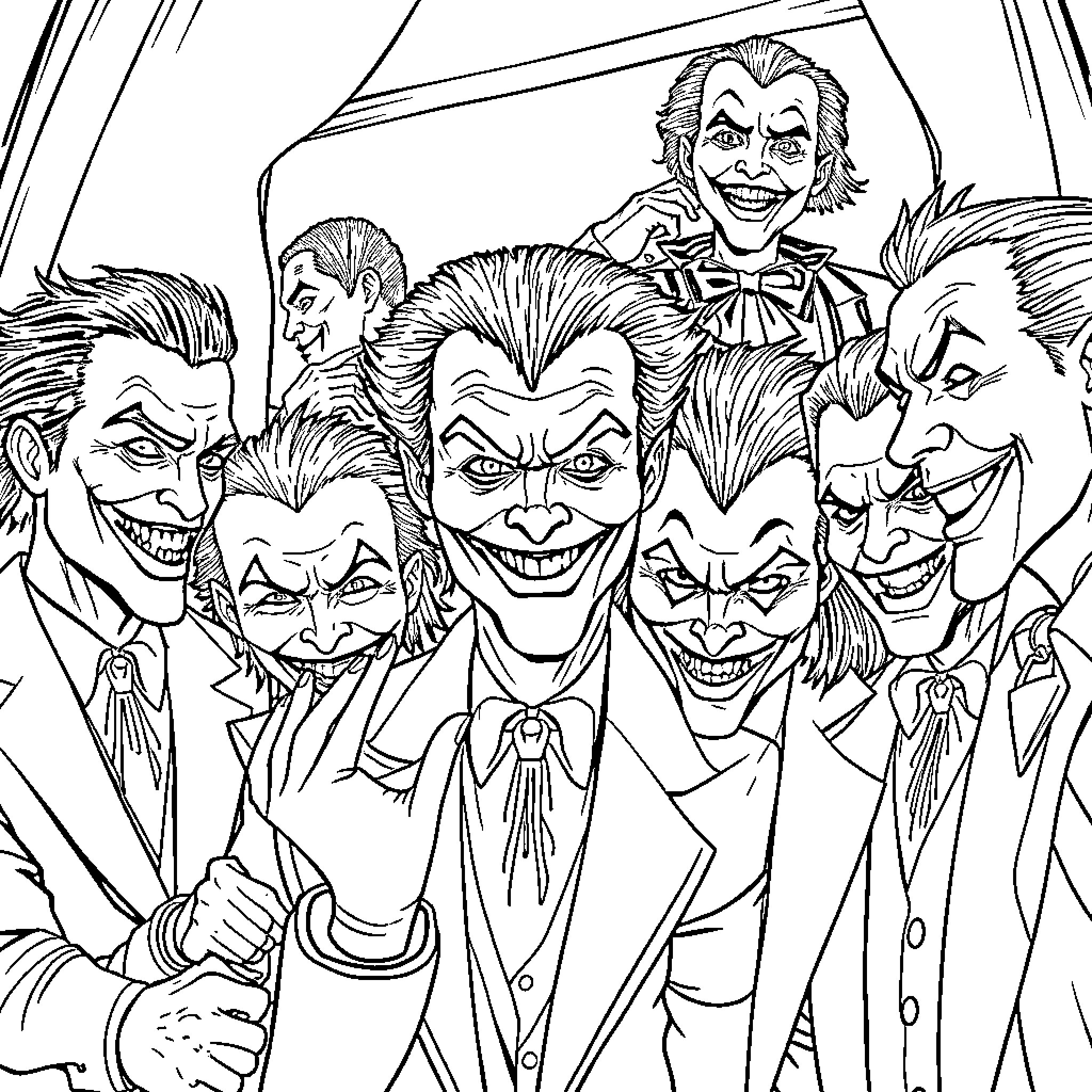 Joker and His Mischievous Gang Coloring Page (free black-and-white line drawing printable PDF for all, from beginners to advanced learners, including children, teens, adults, and seniors)